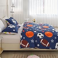 Vista 6 de RYNGHIPY Juego de ropa de cama con temática deportiva para niños, juego de edredón con estampado de baloncesto, fútbol, béisbol, tenis