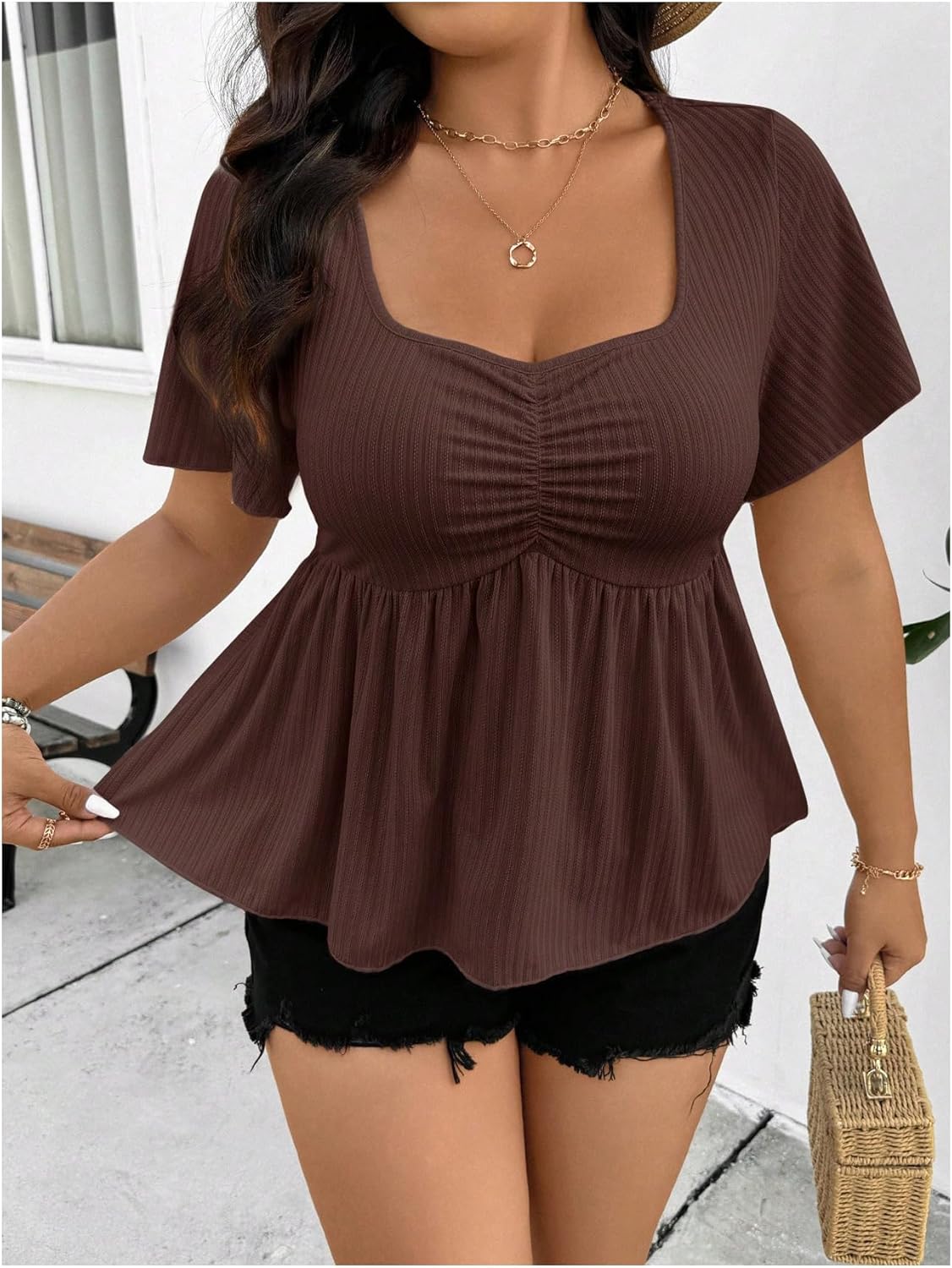 Women's Plus Size Peplum Tops Ruffle Short Sleeve Ruched Babydoll Tops Going Out T Shirts - Image 5