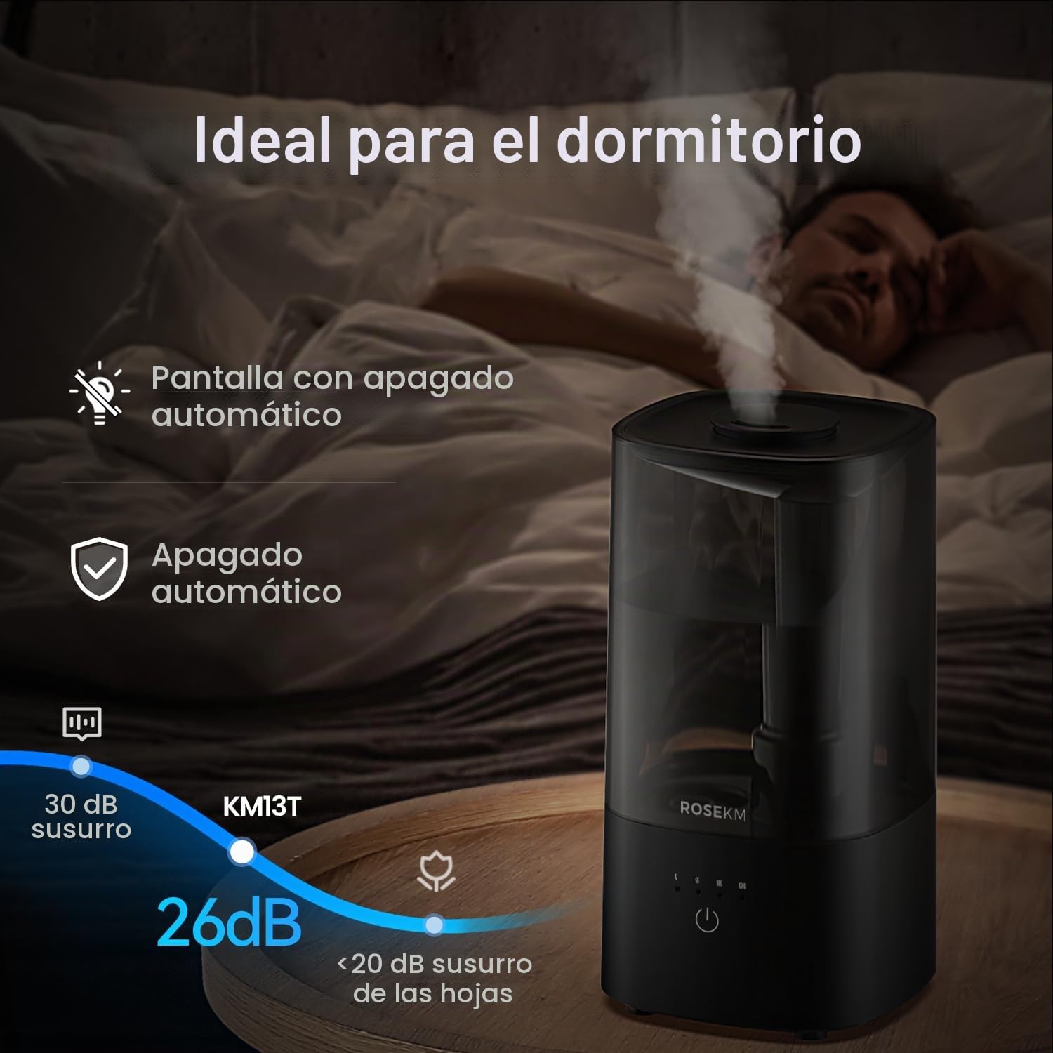 Rosekm Humidificador de Dormitorio - Humidificador Ultrasónico Silencioso de Niebla Fría para Plantas y Habitaciones de Bebés, Boquilla Giratoria de 360°, Apagado Automático, No Requiere Filtro, Negro