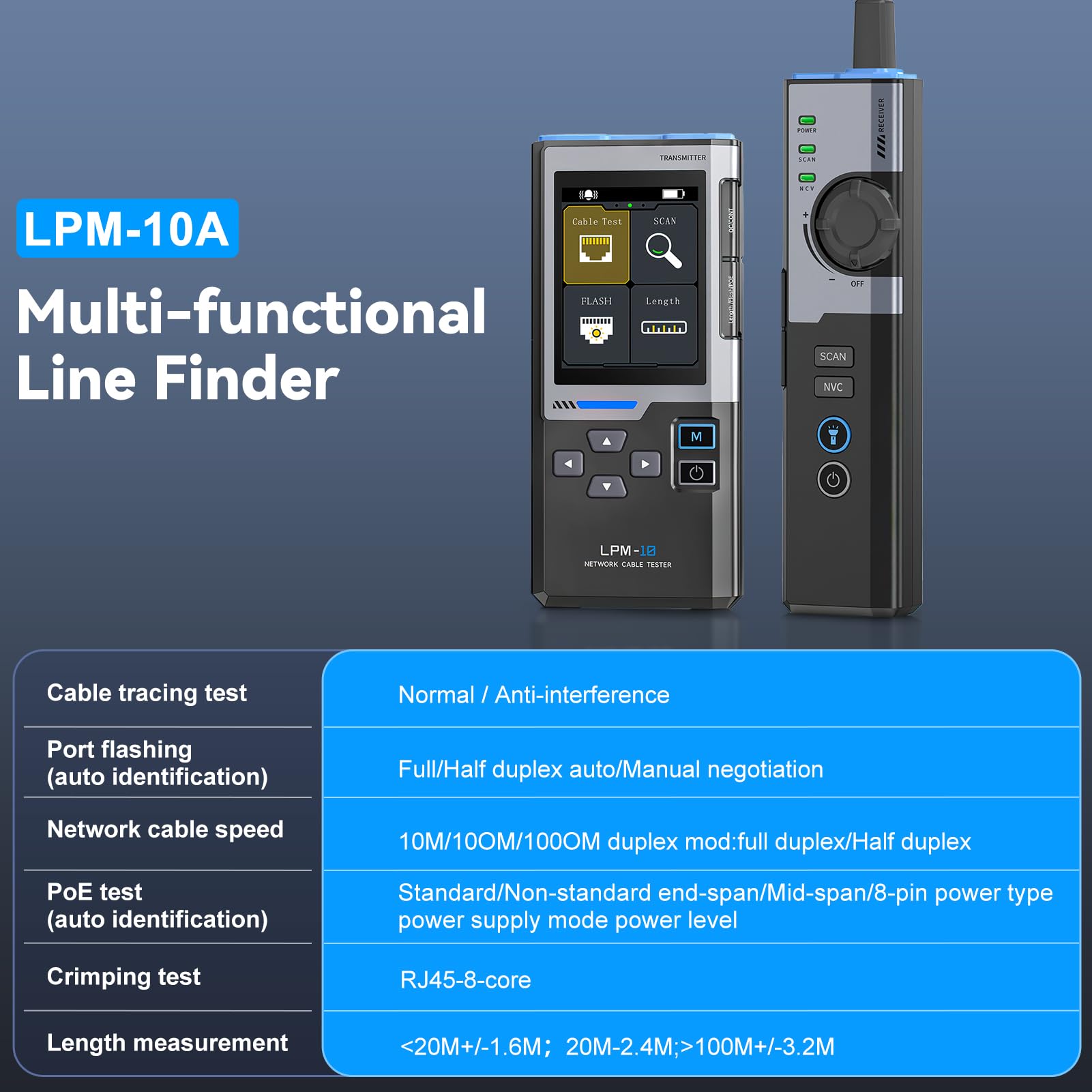 DEWIN LPM-10A Testeur de câbles réseau multifonctionnel avec RJ45 RJ11 et détection PoE