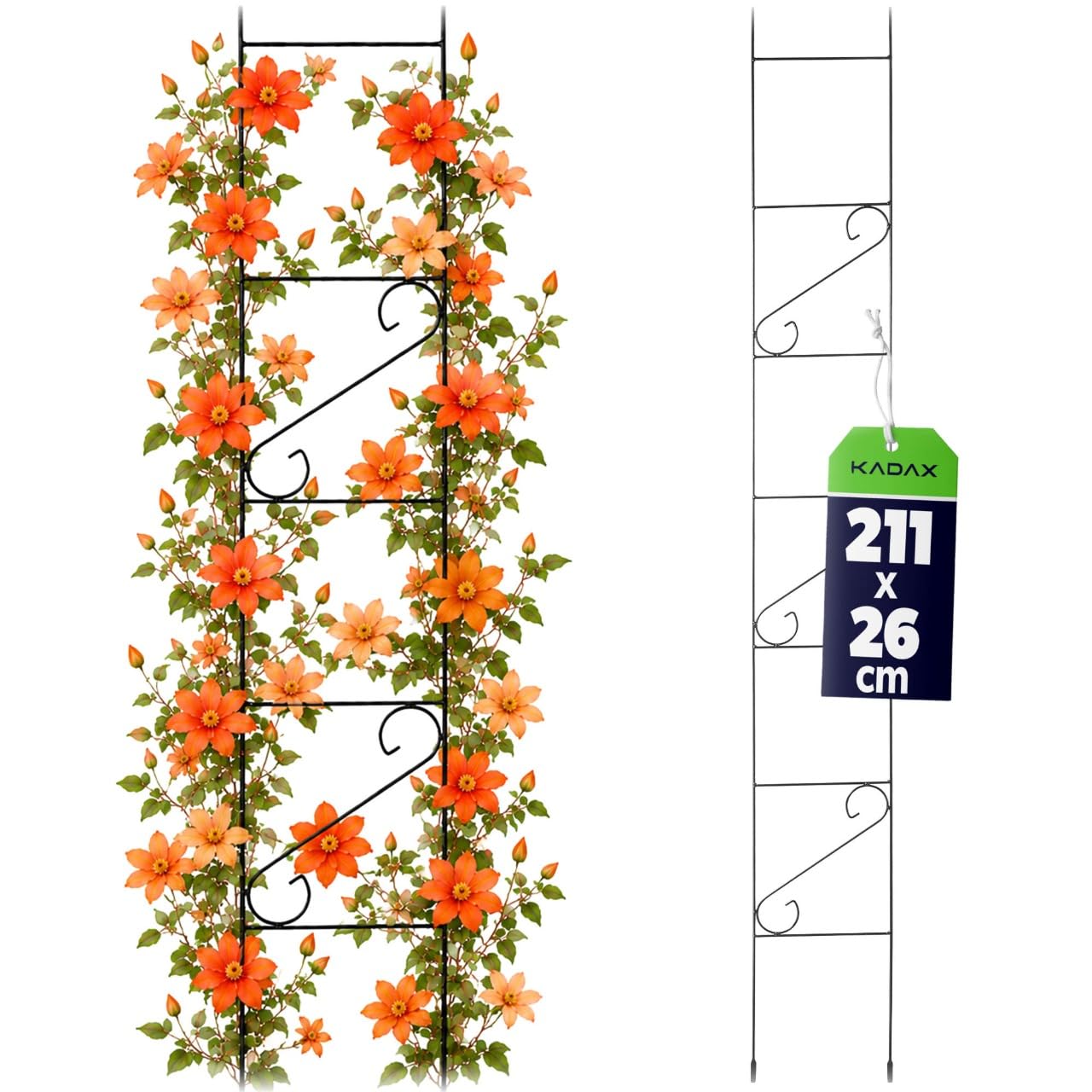 KADAX Rankgitter 210cm, Rankhilfe aus Stahl, Kletterhilfe für Garten, Pflanzen, Rosen, Kletterpflanzen, Pflanzengitter, Rankleiter, wetterfestes Spalier, Deko, freistehend, schwarz