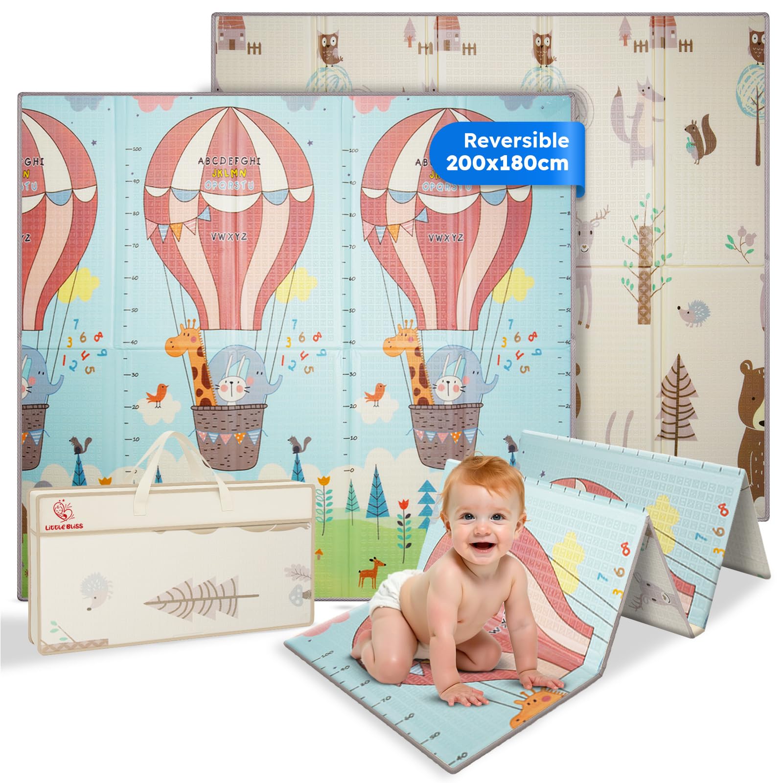 LITTLE BLISS, Alfombra Bebé Acolchada Plegable. 200x180cm, 1.5cm Grosor, Bordes Reforzados y Superficie Sensorial, Reversible y Antideslizante (GLOBE EDITION)