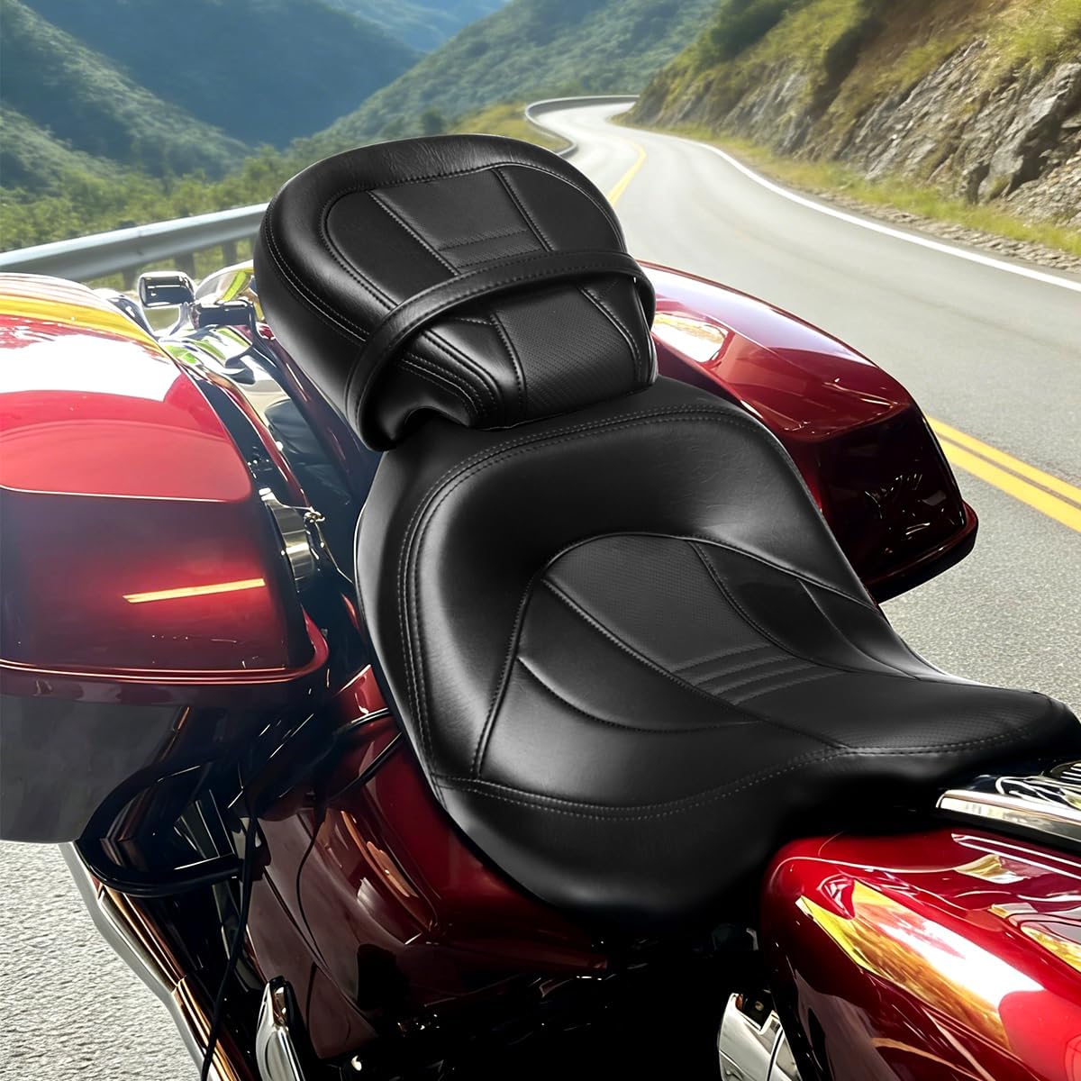 Low-Profile Driver Passenger Seat Pillion Set For 2009-2026 Harley Touring Road King Street Glide Road Glide Electra Glide CVO (Black Stitching)