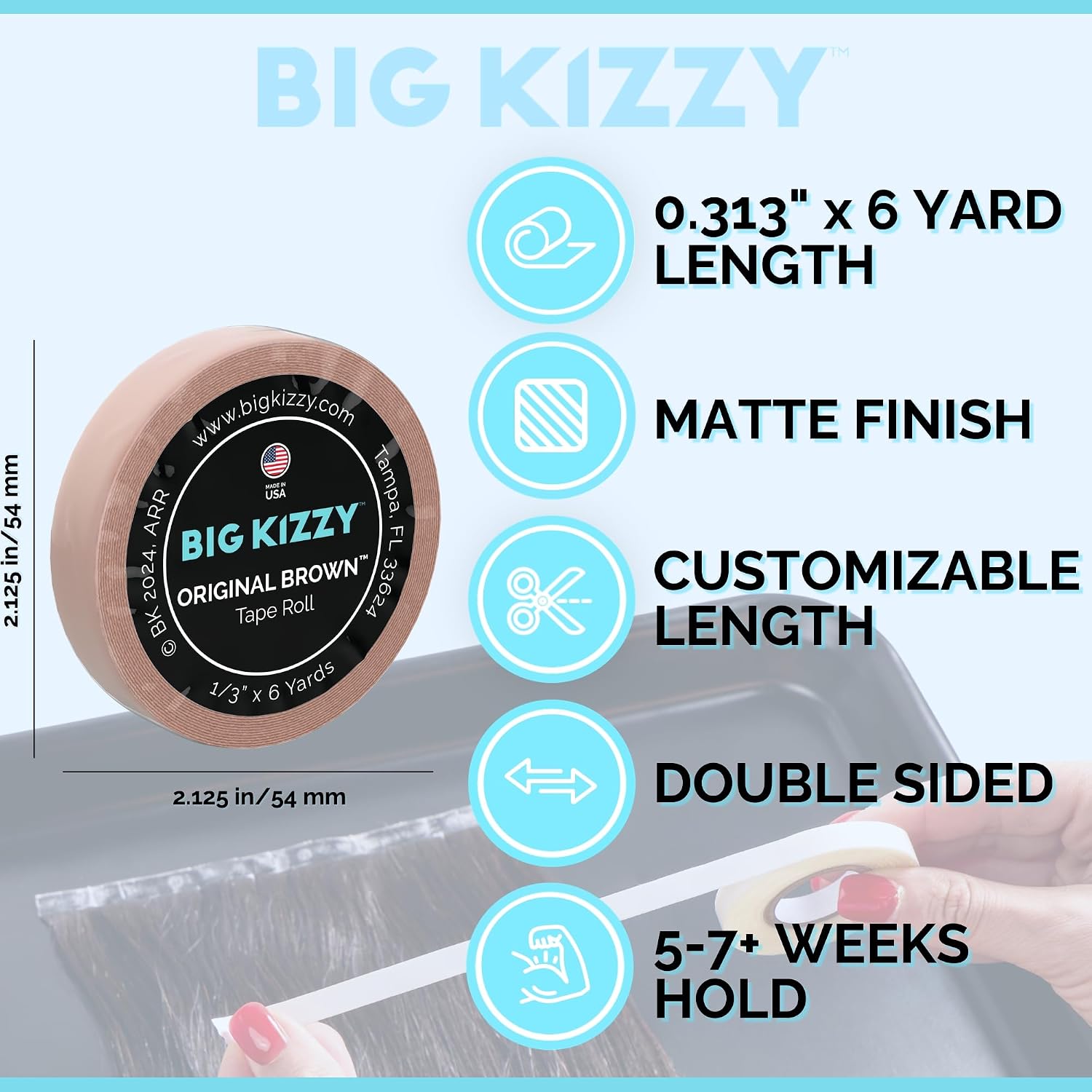 Big Kizzy Double Sided Tape in Hair Extension Tape Roll - Original Brown Tape Roll- .313" x 6 Yards - Natural Hold Brown Replacement Tape, Made in USA, Medical Grade Adhesive image 2