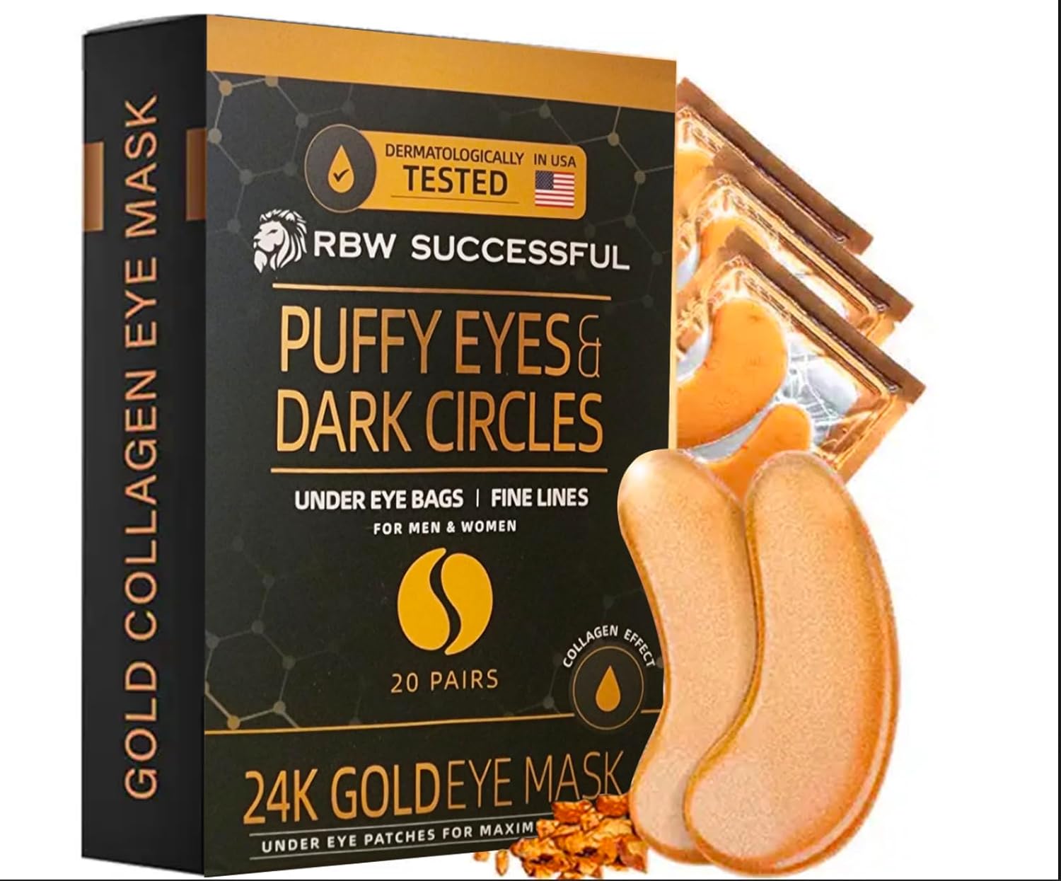 RBW 24k Gold Under Eye Patches for Puffy Eyes, Dark Circles, Wrinkles – Hyaluronate Infused Eye Mask – Hydrates and Moisturizes Skin – Rejuvenating Under Eye Treatment for Men, Women – 20 Pairs
