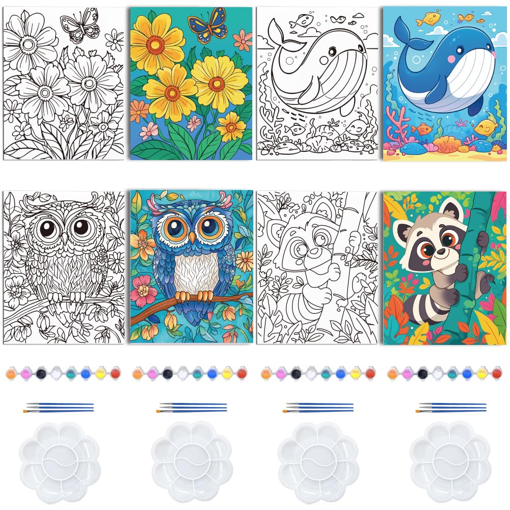 Tele Pre-disegnate Per Dipingere - 4 Motivi Animali E Fiori 20x25cm Per Adulti E Feste