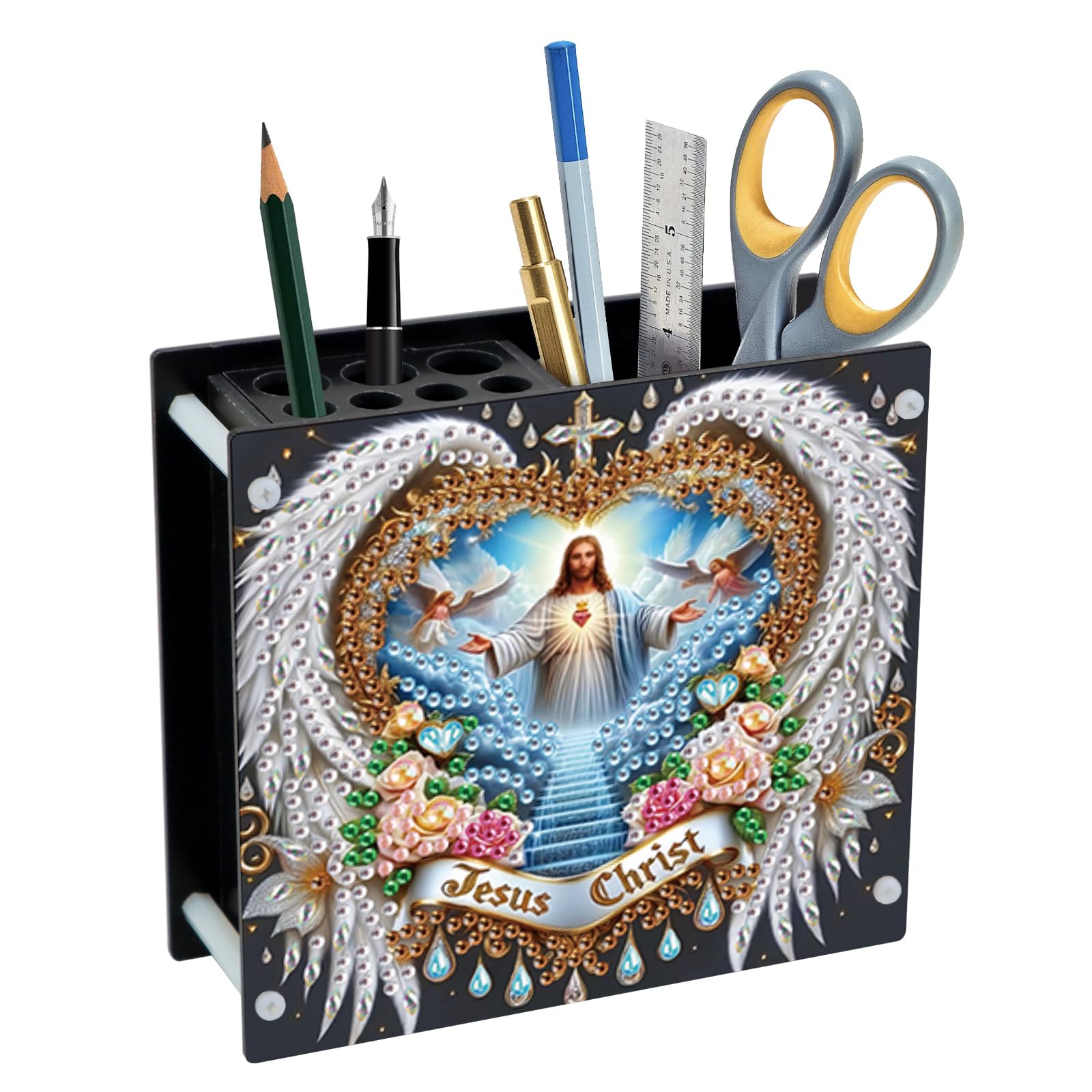 SHEGZHUC 13 x 11.8 cm Diamond Painting Pen Holder Desk Jesus Christ Organiser Diamond Painting Pens Organiser Pen Holder Brush Holder Special Stones Gifts for Office School Household