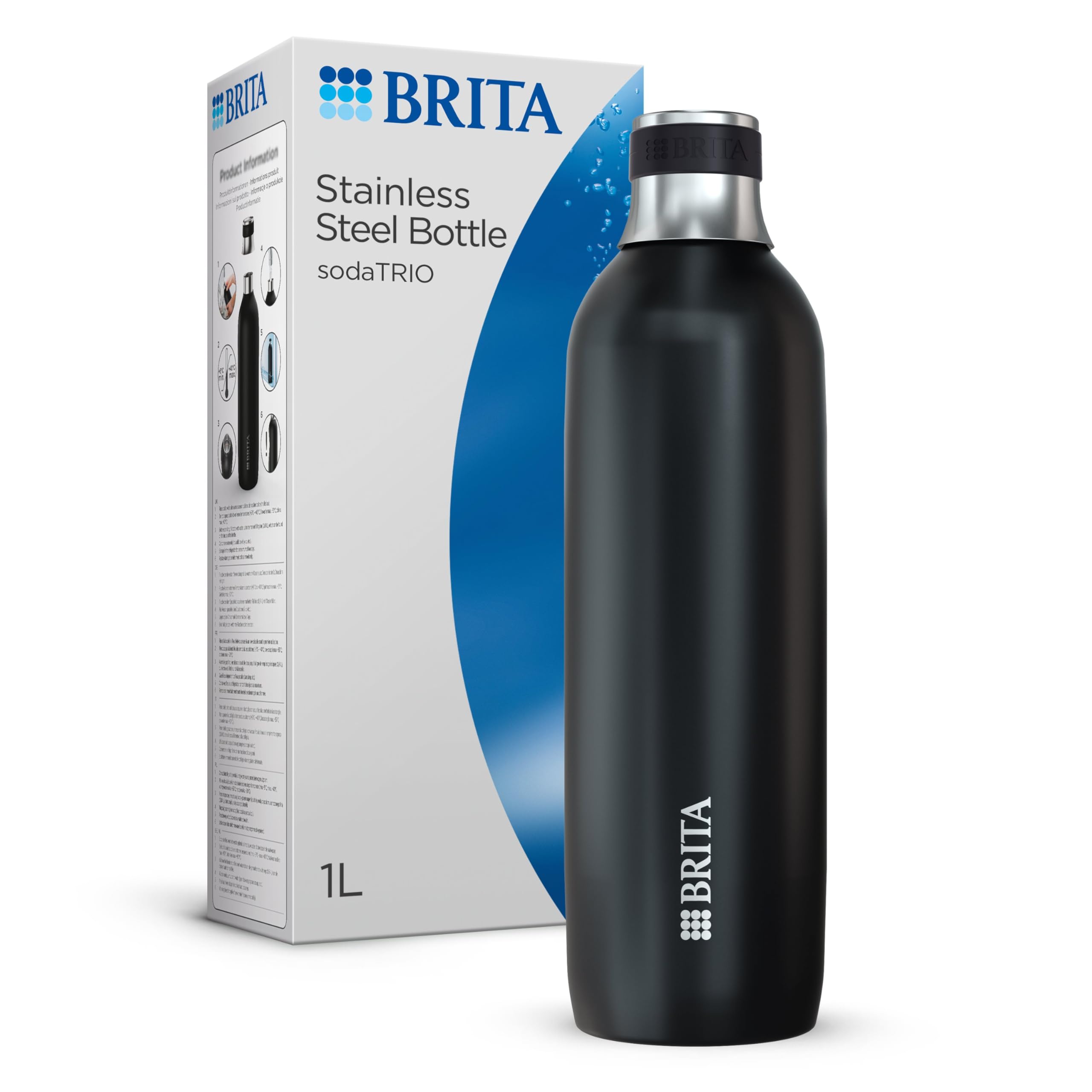 BRITA - Botella de acero inoxidable negra para sodaTRIO 1L - Termo con tapa de silicona antideslizante