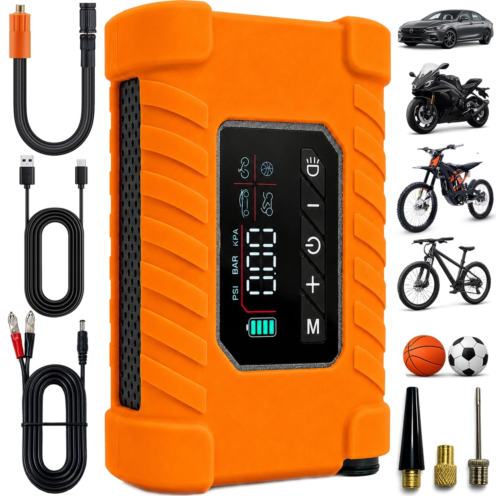 Gonfiatore portatile per pneumatici, senza fili, con manometro digitale, luce LED e spegnimento automatico, pompa elettrica per bici per pneumatici di moto e biciclette, compressore d'aria
