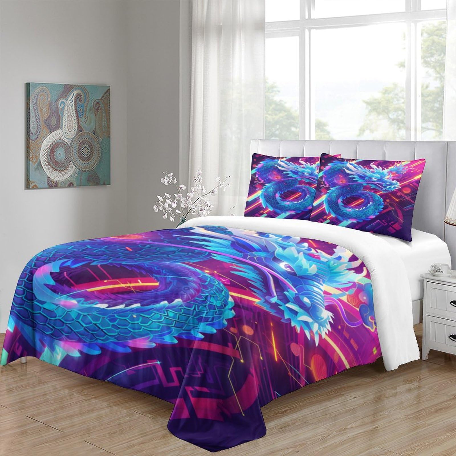 Stampato in 3D Loong cinese Copertina Stampata Microfibra Disegnata Biancheria Da Letto Con Chiusura A Cerniera Con 2 Federe,Double（200x200cm）, Per Ragazzi Adulti
