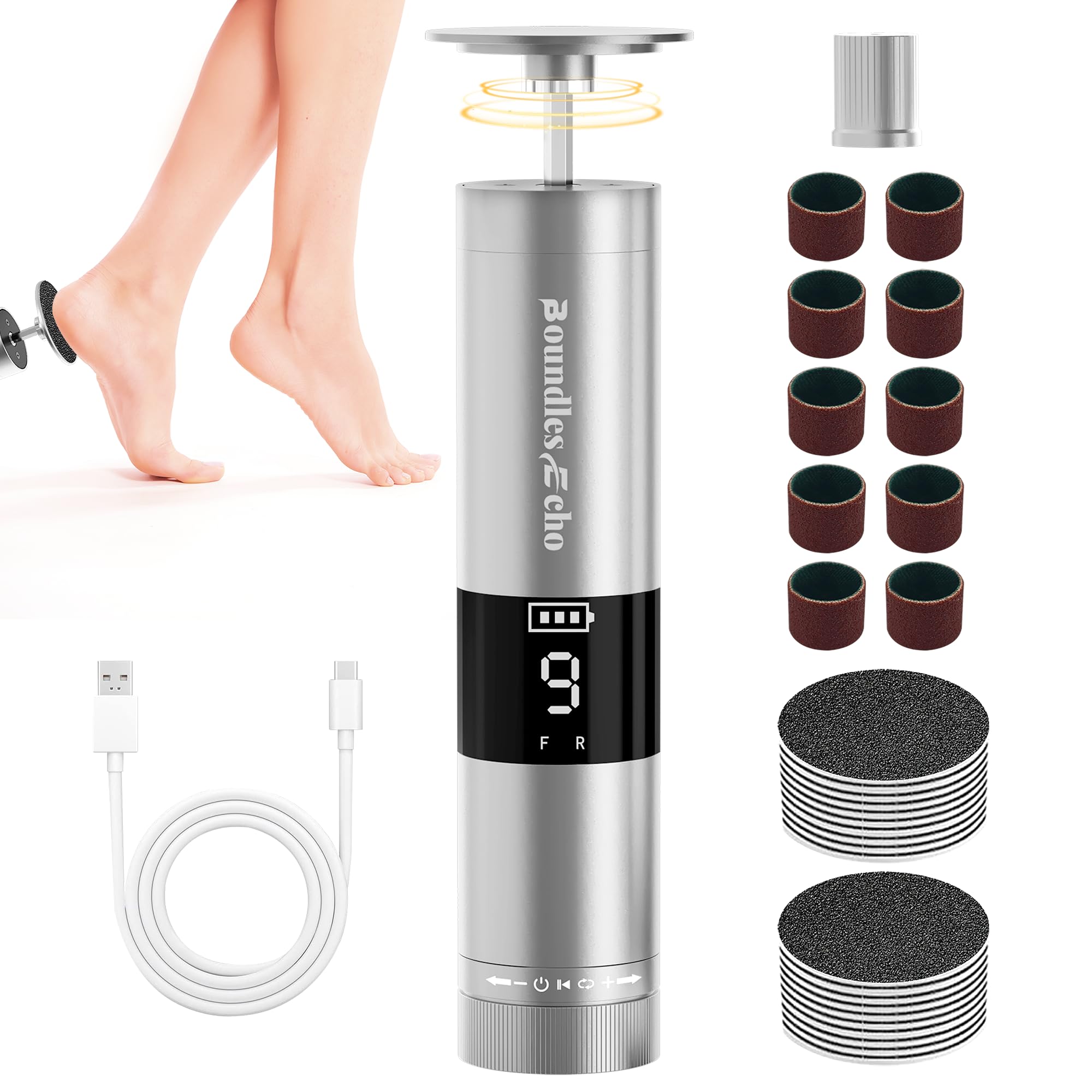 Éliminateur électrique de callosités et lime à ongles - Ensemble de pédicure rechargeable 2 en 1 avec 9 vitesses, affichage, 30 tampons abrasifs pour peau morte dure/callosités/talons