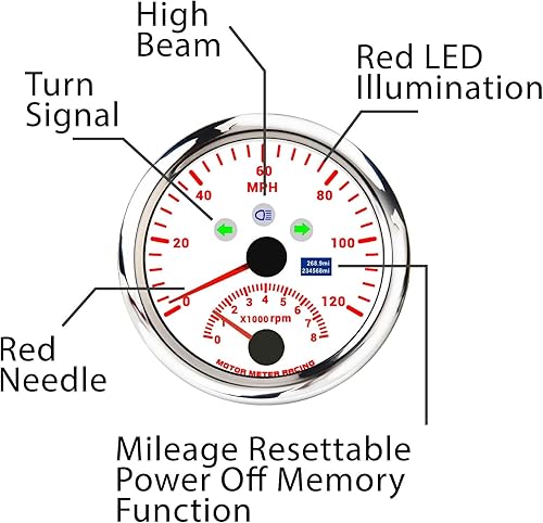 Miniatura 23 de MOTOR METER RACING W Pro 3.346 in 3-3/8" GPS Velocímetro con señal de giro de haz alto 160 MPH Negro Dial blanco LED Digital Odómetro impermeable