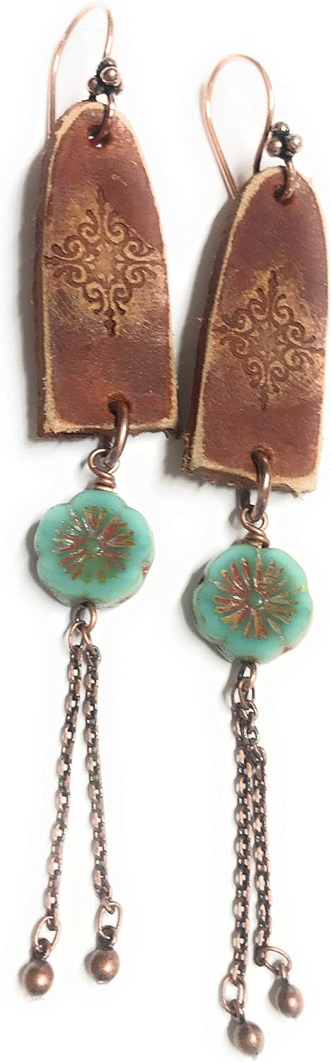 Boho Leather Long Stamped Scroll & Turquoise Flower Copper Earrings Jewelry Gift Ideas for Women GIrls