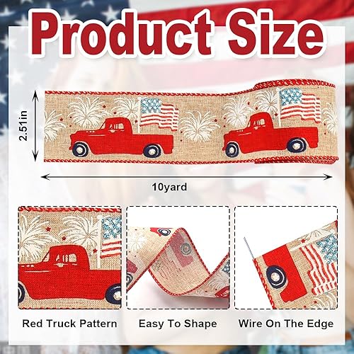 Miniatura 2 de Cintas patrióticas con borde con cable de 2.5 pulgadas, 10 yardas, cinta roja con alambre de camión para el Día de los Veteranos, bandera de Estados