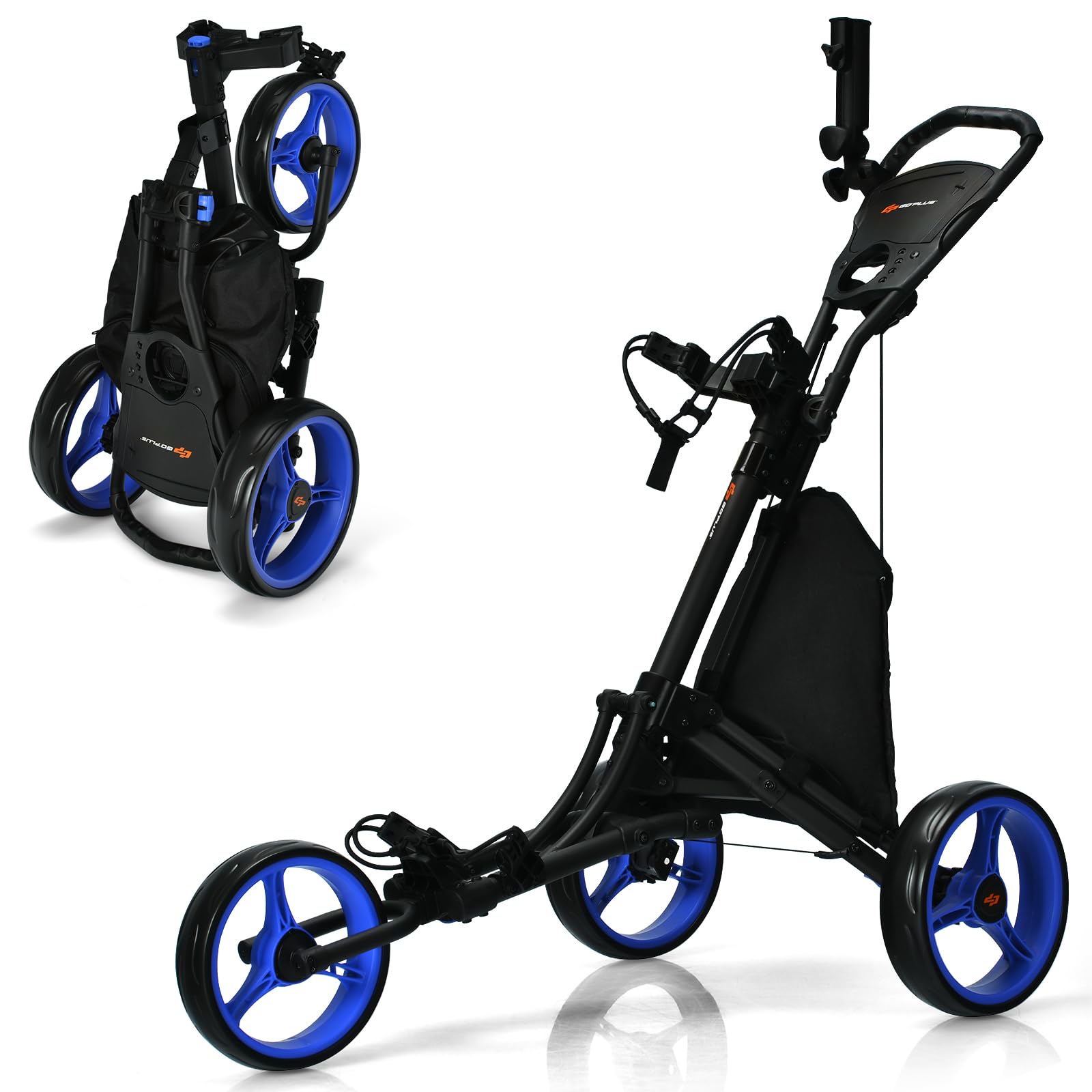 GYMAX Chariot de Golf à 3/4 Roues, Caddie de Golf Pliable Manuel, Porte-Sac, Porte-Parapluie, Cadre Robuste en Aluminium Pliable, Poignée Réglable, Tableau d'Affichage, Porte-Boisson