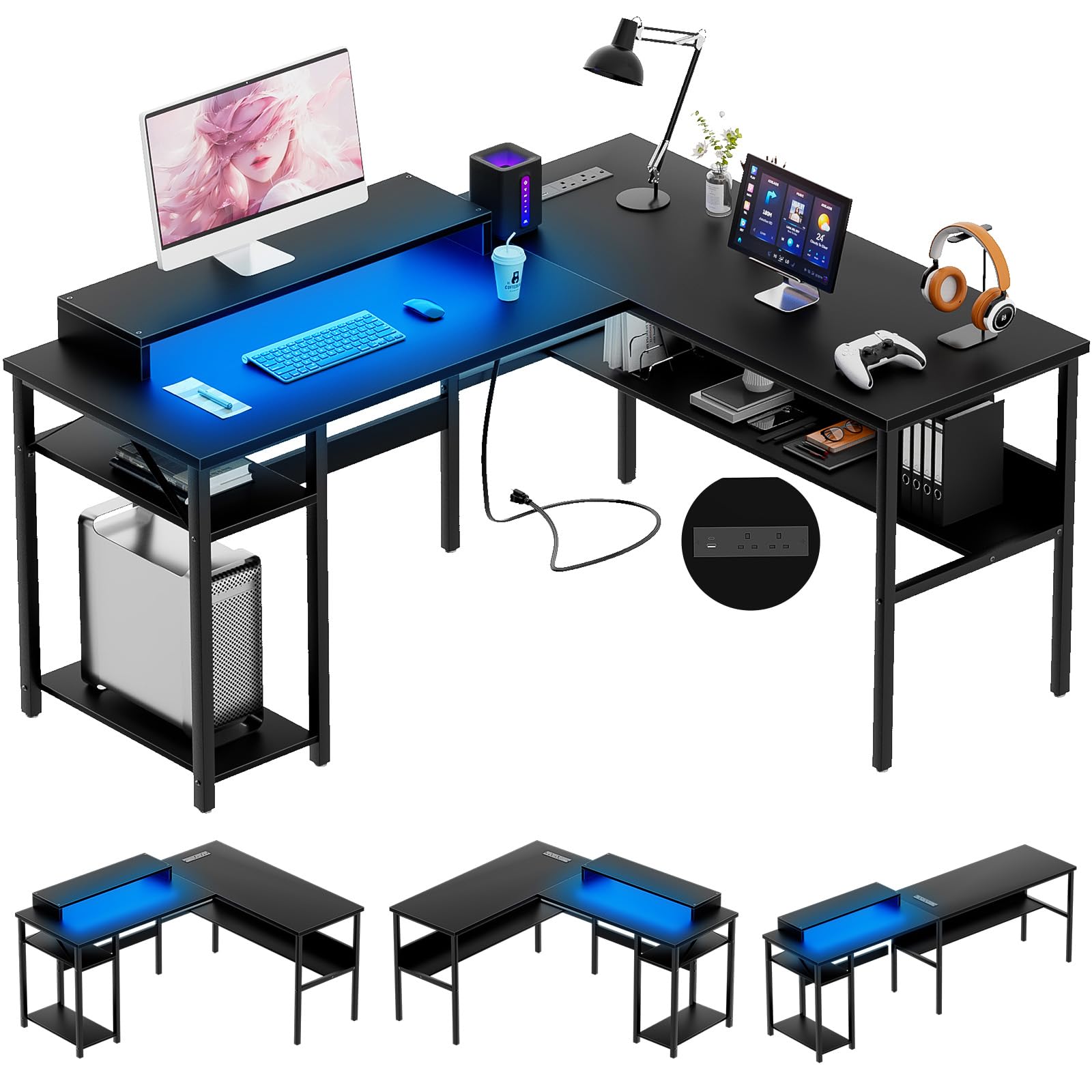 iSunirm L Shaped Desk, Gaming Desk with LED Lights, Reversible Computer Desk with Storage Shelves, Corner Table with Monitor Stand for Home, Office,Black