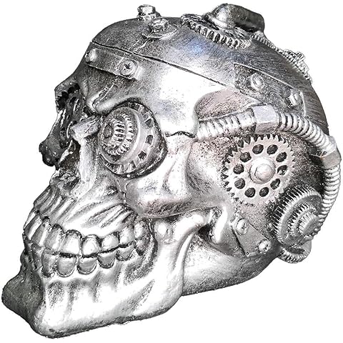 BLASCOOL Halloween Steampunk Gothic Skull Decor - Sci-fi Human Head Skeleton Cranium Figurine Cyborg Protruding Gearwork Statue (Silver)