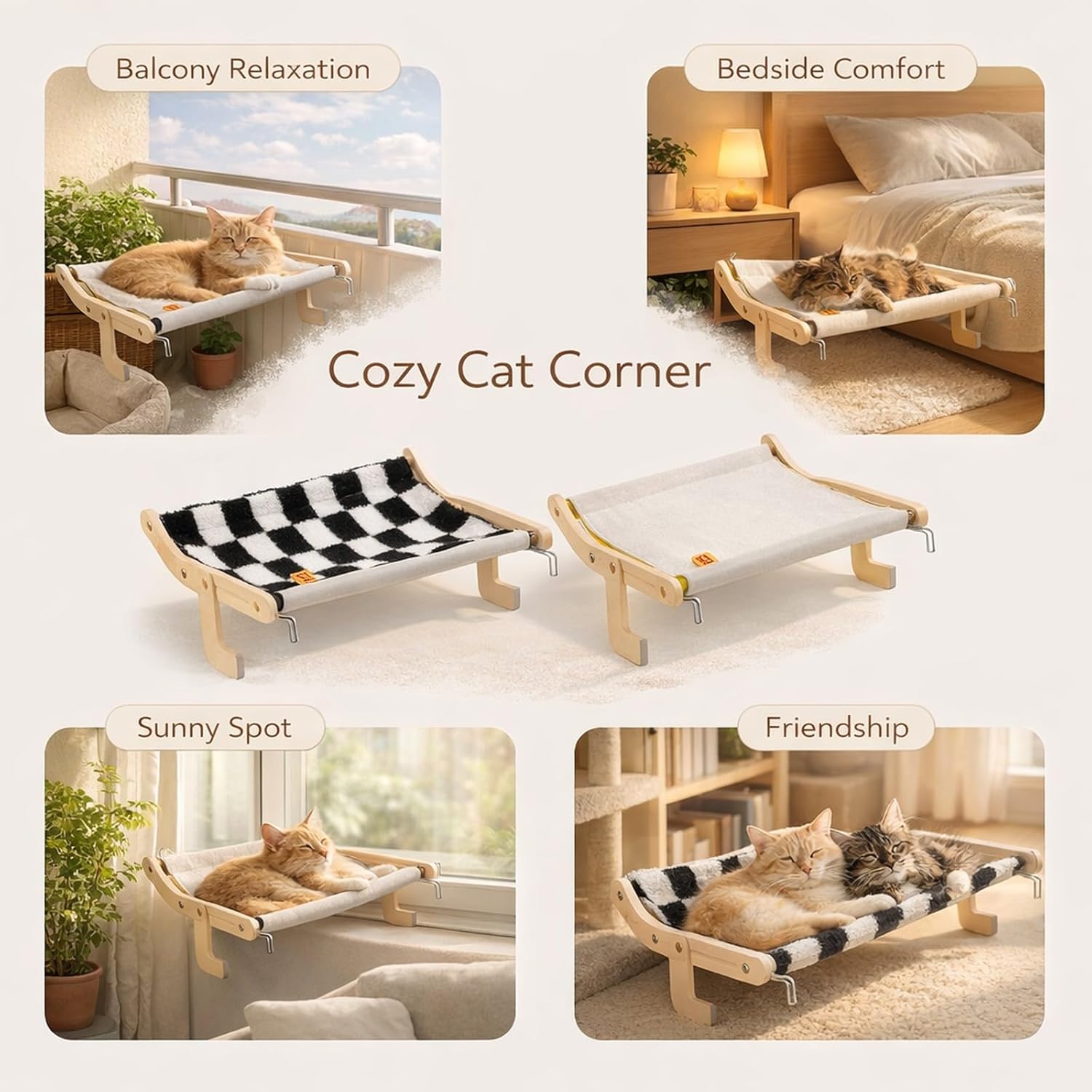 Large Cat Hammock Window Perch, Black and White, Indoor Cat Bed - No Drilling Installation, Double - Sided Comfort, Safe Resting Shelf for Indoor Cats (White)