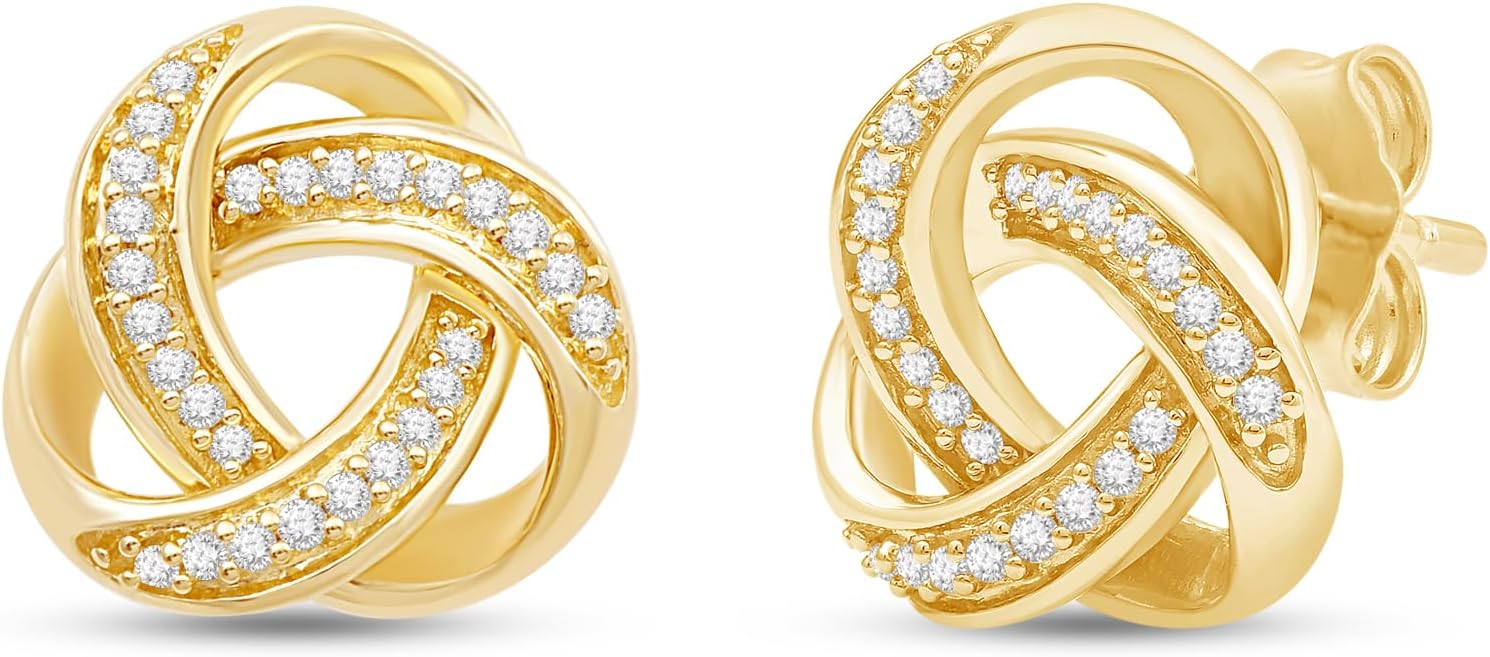 Jewelili Love Knot Stud Earrings in 18K Yellow Gold over Sterling Silver or Sterling Silver with 1/10 Cttw Natural White Round Diamonds