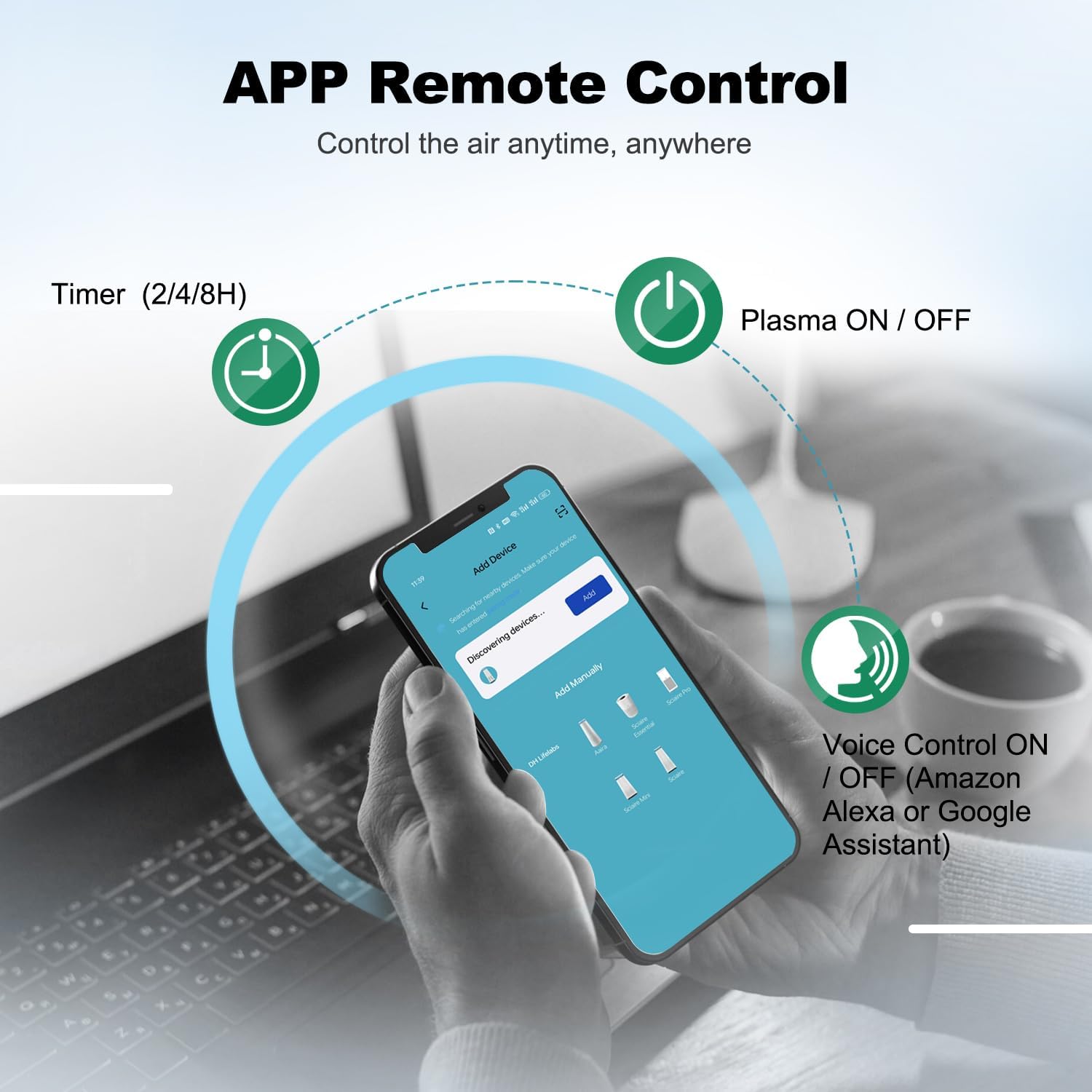 Smartphone displaying the DH Lifelabs app with options for Timer, Plasma ON/OFF, and Voice Control