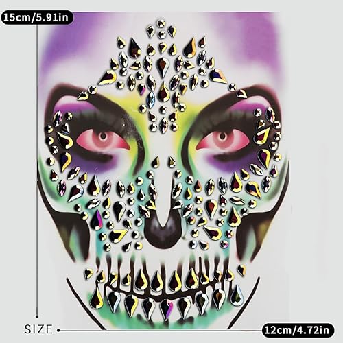 Skeleton Face Gems Jewels Day Of The Dead Skull Glitter Face Rhinestones For Makeup Halloween Face Gems Stick On Face Decals Rave Festival Accessories Temporary Stickers Crystal Decorations (White)(tattoo-blackgold)