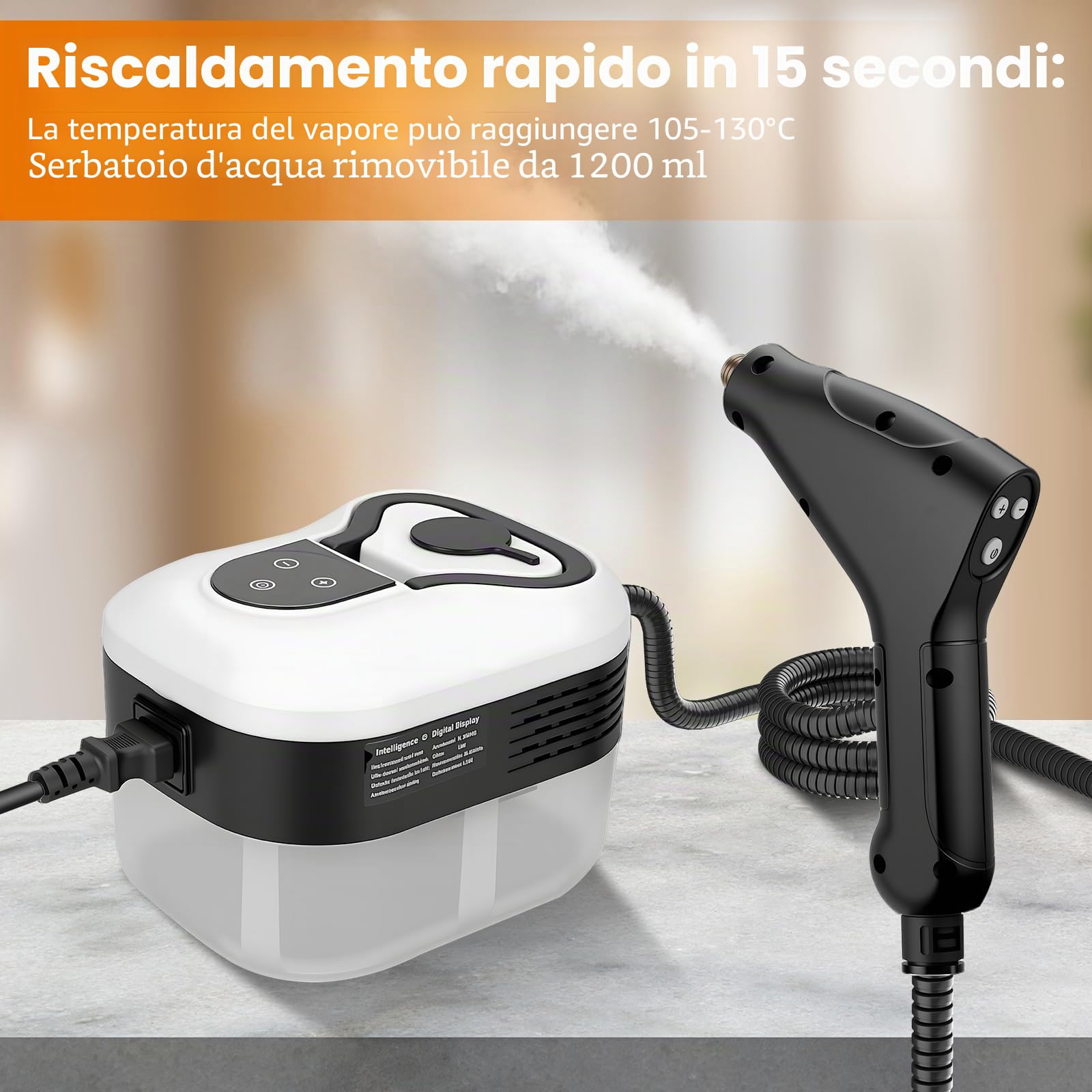 Pulitore a Vapore ad Alta Temperatura 2500W - 3,5Bar di Pressione, 1200ml, 6 Velocità, 15s di Riscaldamento, per Cucina, Auto, Pavimenti e Aria Condizionata