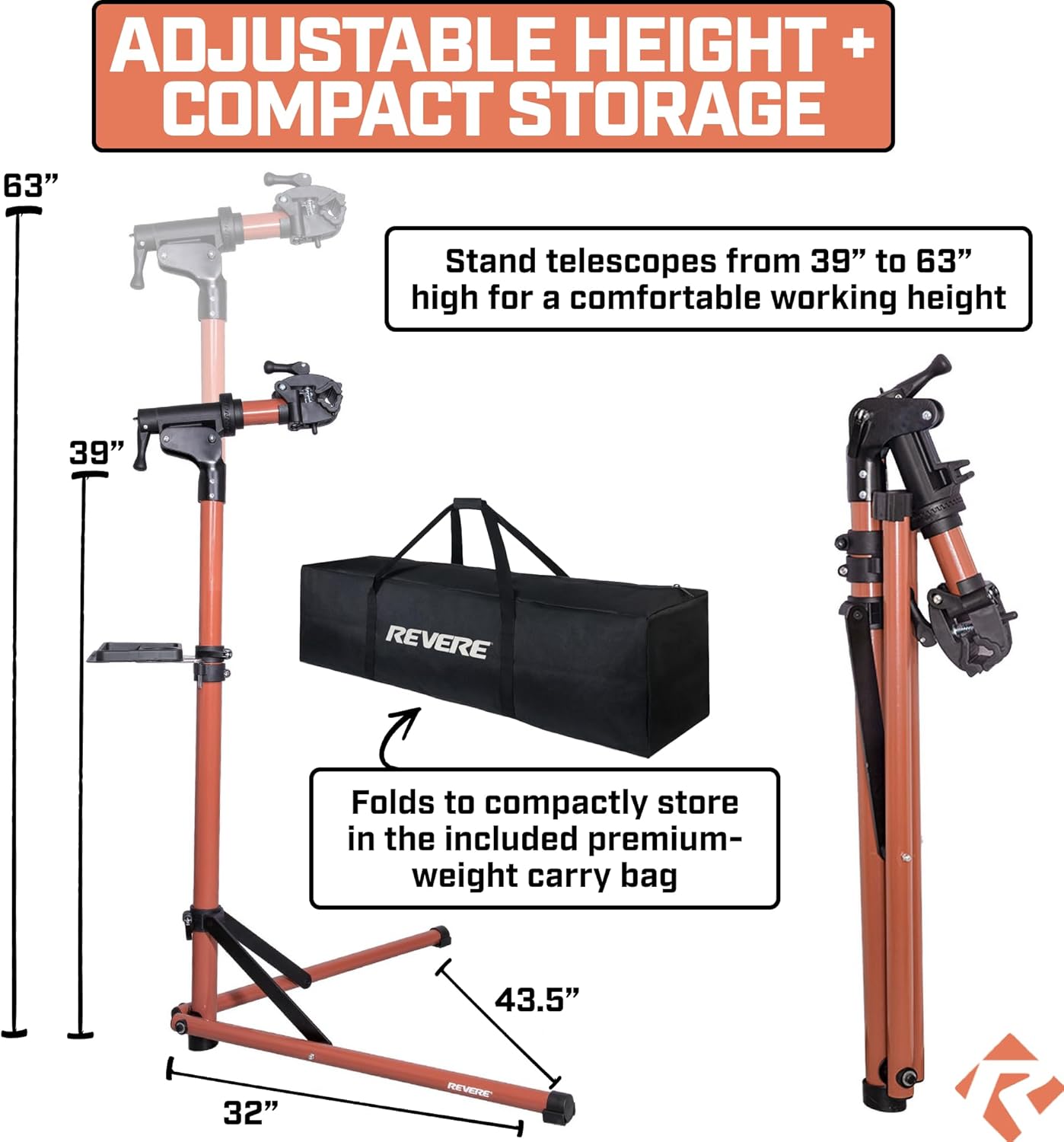 Revere Bike Repair Stand With Storage Bag - Heavy Duty Bicycle Work Stand, Adjustable Height, Rotating Clamp, Magnetic Tool Tray
