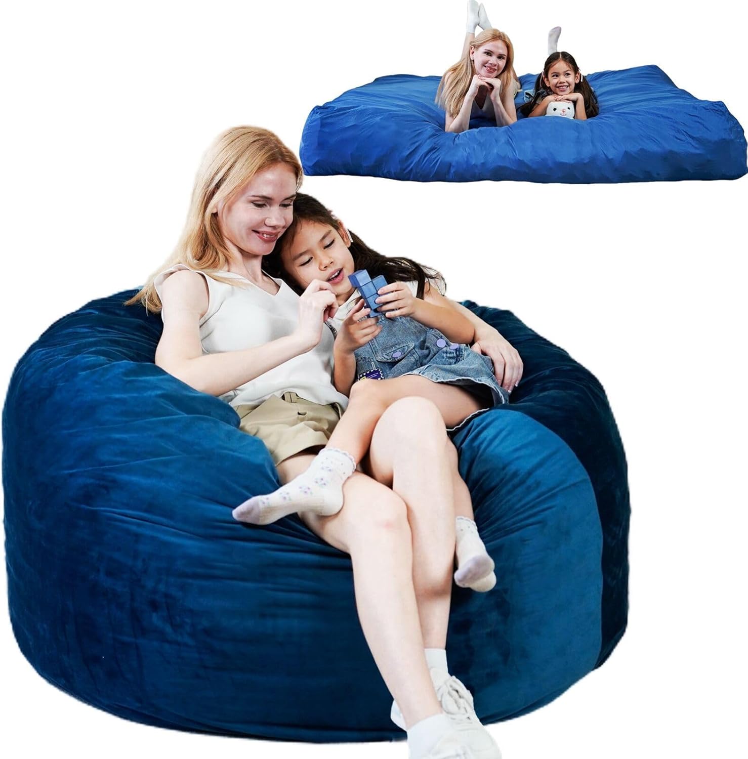 Bmag Giant 2 in 1 Bean Bag Chair,75" x 55" Sensory Crash Pad Large Beanbag with Filler Included from Chair to Mat for Living Room Bedroom Office, Washable Cover Mat Blocks for Kids/Adults - Blue