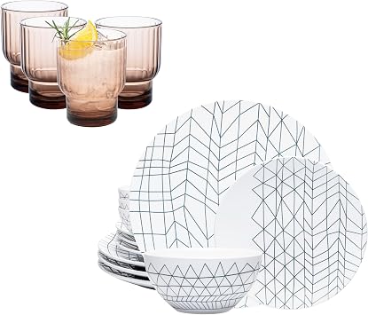 bzyoo 13oz Serenity Short Tumbler Set 4 Piece&BZYOO 12 Piece Ceramic Dinnerware Set