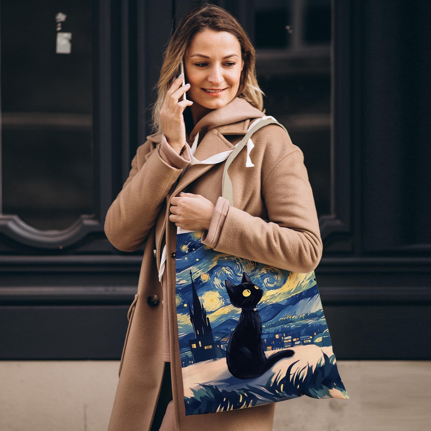 Starry Night Black Cat Tote Bag, Cat Lover Lady Mom Grandma Gifts Canvas Tote Bags for Women, Whimsical Abstract Black Kitten Reusable Grocery Shopping Bags - Image 4