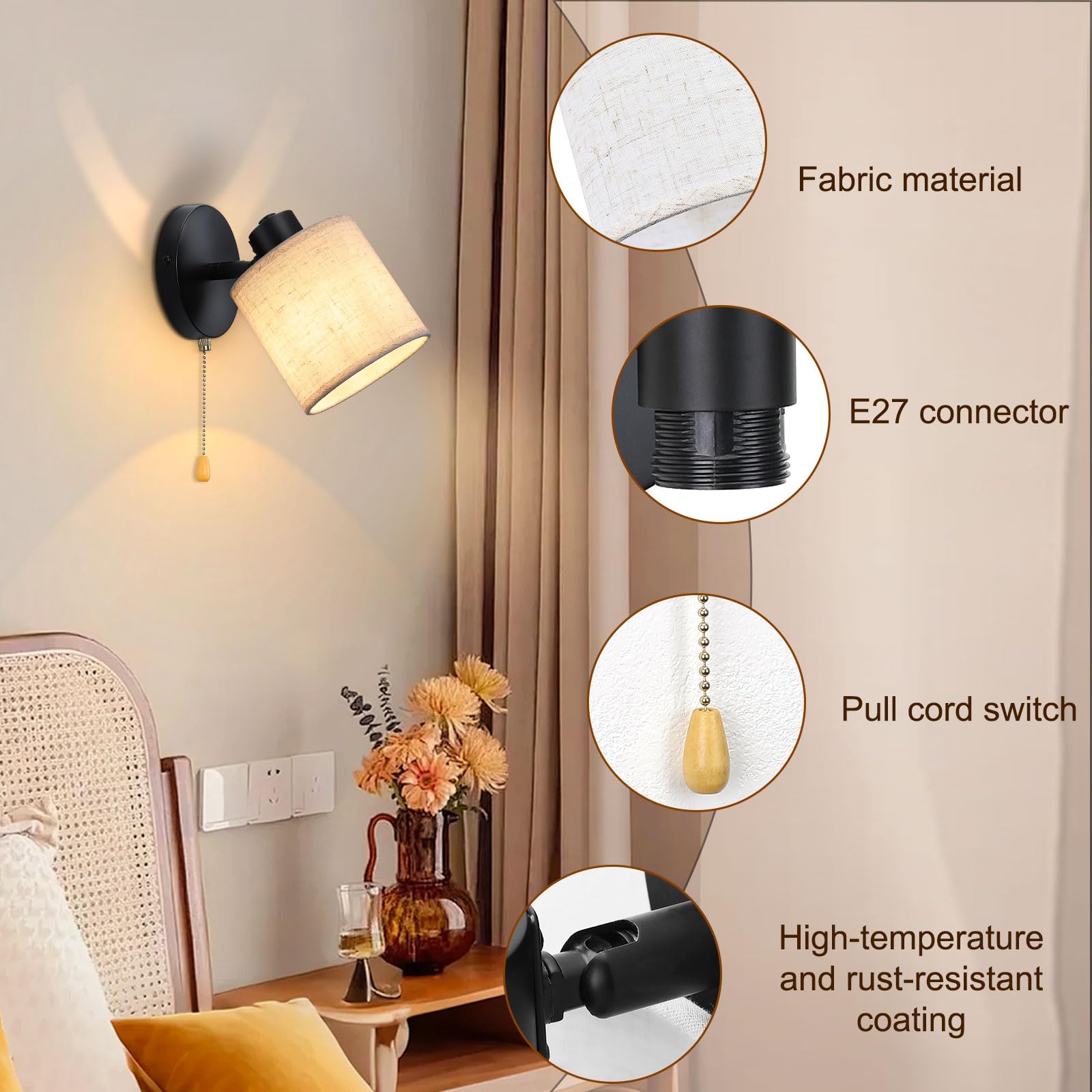 Winverty Pull Cord Wall Lights with Switch, Wall Lamp with Beige Fabric Lampshade - Image 4
