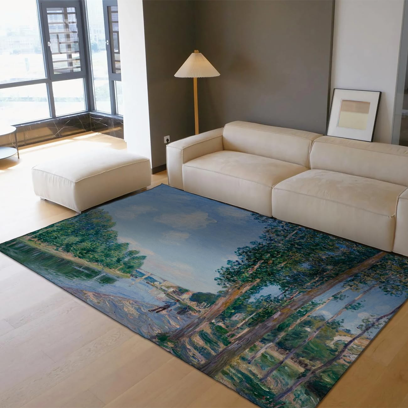 Tapis de paysages de rivière 200x300cm avec sapins verts pour sol de grand salon