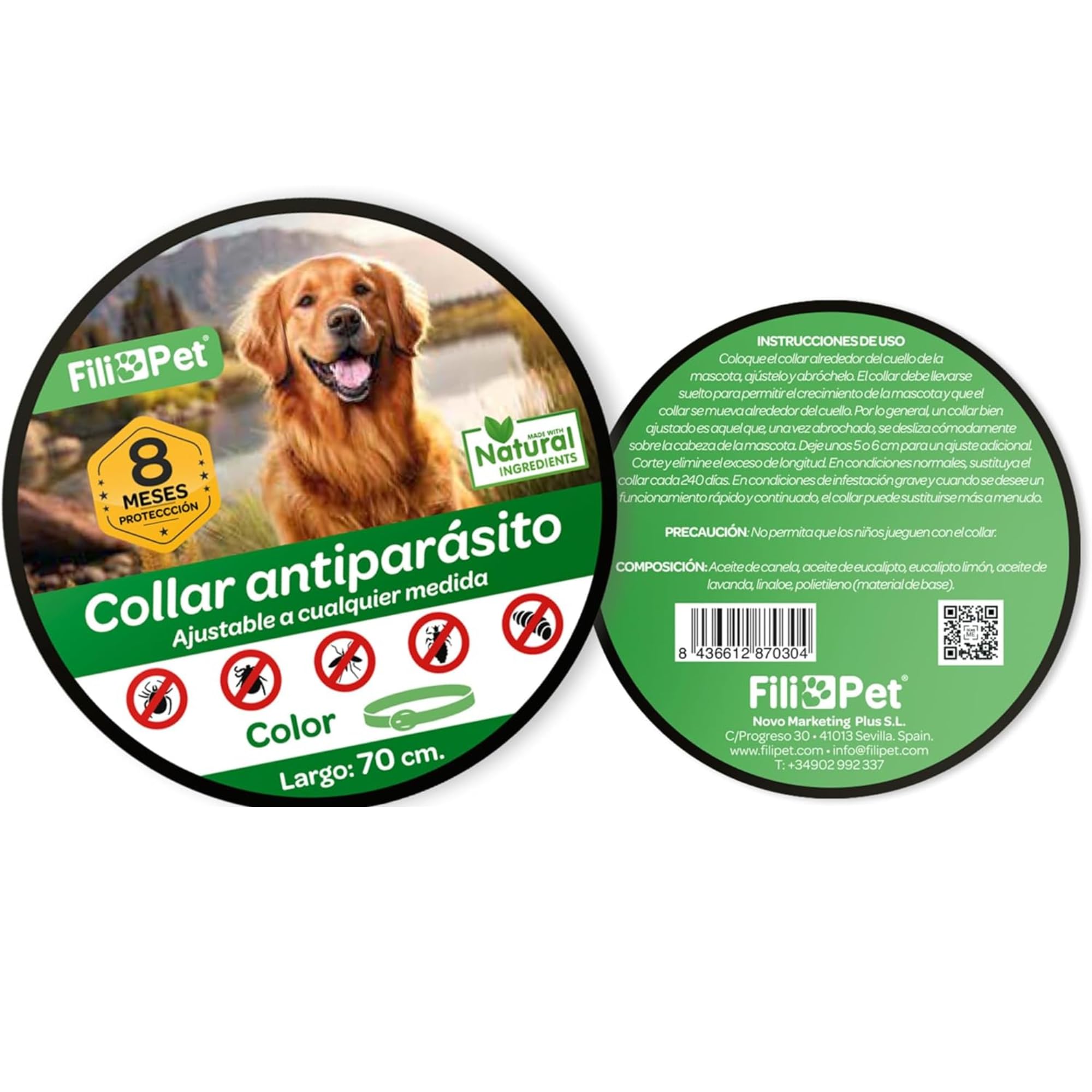 Collier Antiparasitaire pour Chiens, Gris, 70cm | Efficace contre Puces, Tiques, Moustiques et Poux, Résistant à l'Eau, Réglable, Protection de 8 Mois