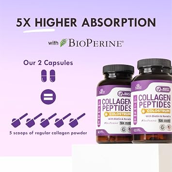 Collagen Peptides with Colostrum for Women - Multi Collagen Type I, II, III, V, X with Biotin & Keratin - 5X Absorption Capsules for Hair, Skin, Nails & Immune Support - Collagen Pills, 60 Count