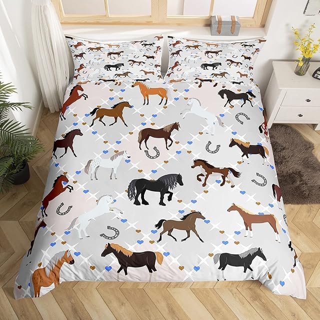 Kids Horse Bedding Set Single Kawaii Horses Bedding Duvet Cover Set for Girls Women Gray Buffalo Check Plaid Heart Decor Comforter Cover Farmhouse Grid Farmhorse Bedspread Cover Bedroom 2Pcs
