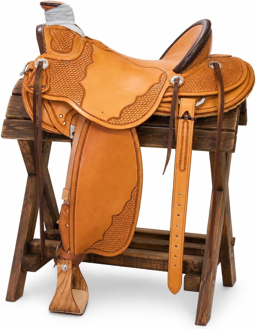Wade Horse Saddle Tree A Fork Roping Ranch Work Handmade Tooled Carved Premium Leather Western Equestrian Trail Tack Adult & Pony Horse Riding Saddle, Size: 10-18 inch Seat, AD-61