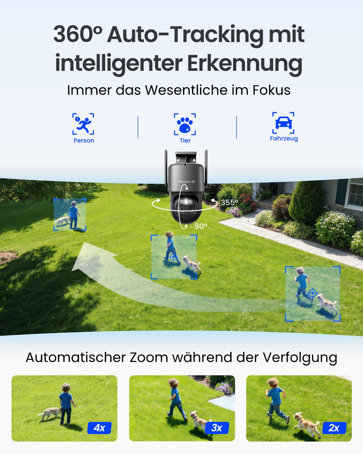 Reolink 4K PTZ Überwachungskamera Aussen Akku mit Auto-Tracking & Auto-Zoom | Dual Lens, Dual-Band WiFi 6, 30m Farbnachtsicht, KI-Erkennung, PTZ, 8MP Solar WLAN Kamera Outdoor, TrackMix Grau+Solarpanel