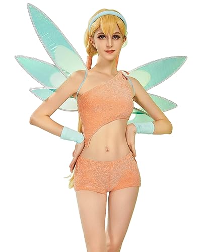 Winx Club Women's Stella One-shoulder Top and Shorts with a Pair of Wings Cosplay Costume Outfit - Small
