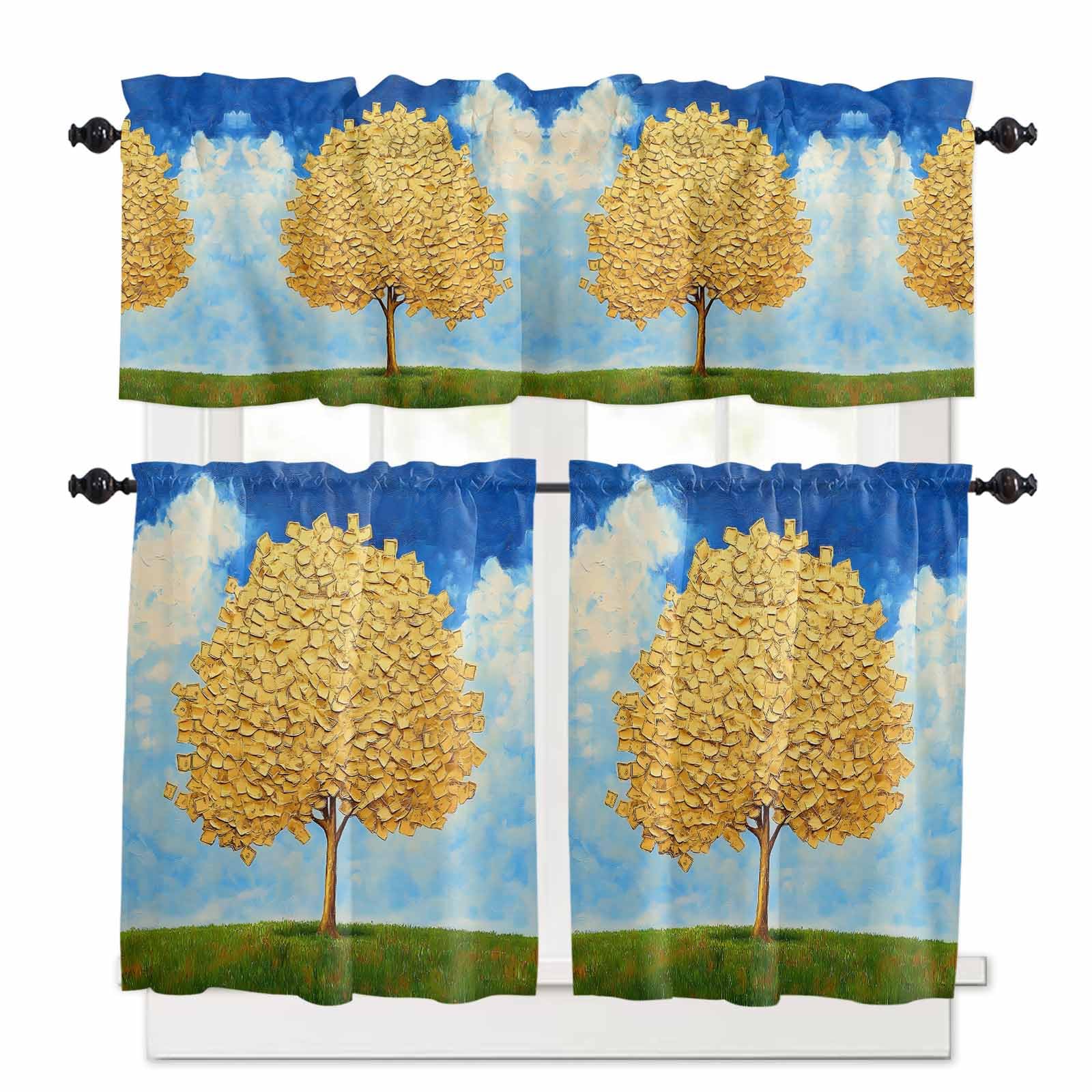 Yellow Tree Leaves Kitchen Curtains 36 Inch Length,3 Piece Rod Pocket Small Half Tiers and Valance Set,Blue Sky Watercolor Gradient Painting Small Large Window Treatment Decor for Bedroom/Bathroom