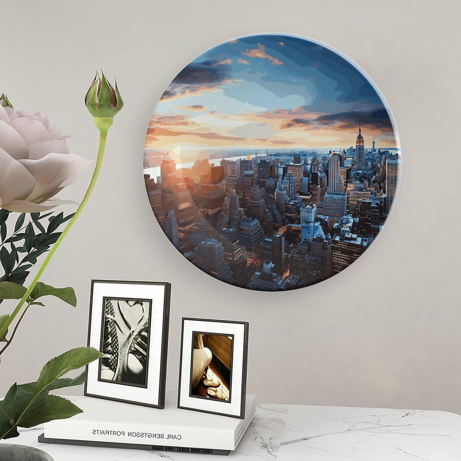 New York City Skyline Bone China Decorative Plate with Display Stand, Ceramic Ornaments Plate for Wall Hanging, Personalized Porcelain Plates for Office, Living Room 8inch