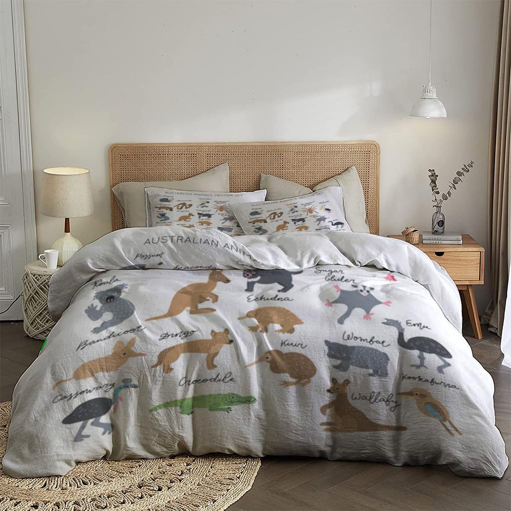 NIBAINLO 布団カバーオーストラリアの動物たち（タイトル付き） 肌に優しい ピーチスキン加工 掛け布団カバー 和式 洋式 あったか 布団カバーセット リバーシブル ホームステイ ホテル 家庭兼用