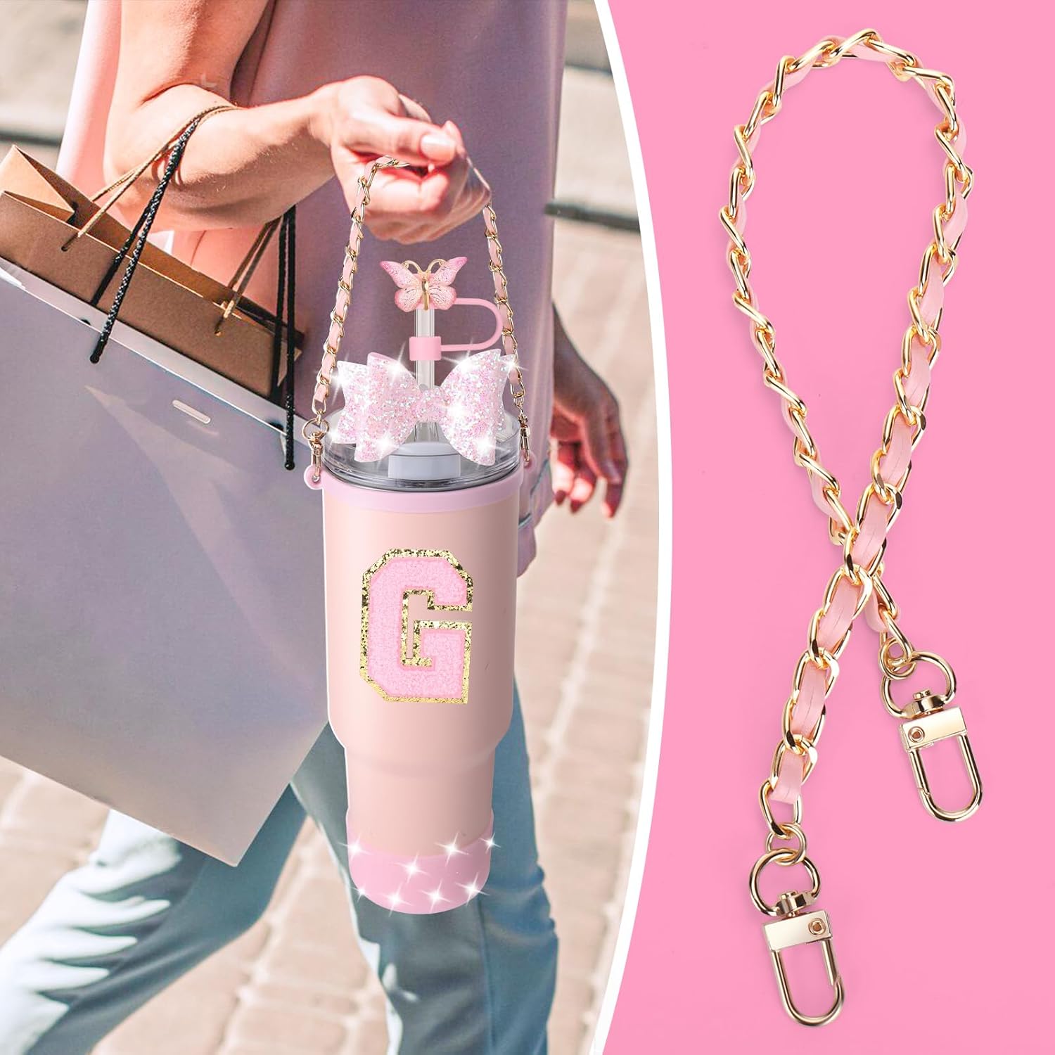 Mity rain 9PCS Pink Cup Accessories Set for Stanley Cup 30oz 40oz tumbler with handle - Includes Strap,Straw Bow Decorate,Straw Topper,Boot,Spill Proof Stoppers,Handle Charms,Sticker (Initials G) - Image 6