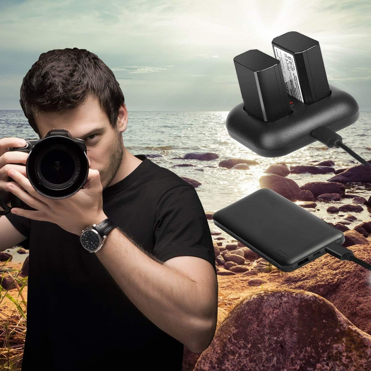 ENEGON NP-FW50 Batería 1300mAh(2 Piezas) y Kit de Cargador USB Dual para Sony ZV-E10, A6000, A6500, A6300, A6400, A7, A7II, A7RII, A7SII, A7S, A7S2, A7R, A7R2, A55, A5100, A5000, A3000, A55, RX10