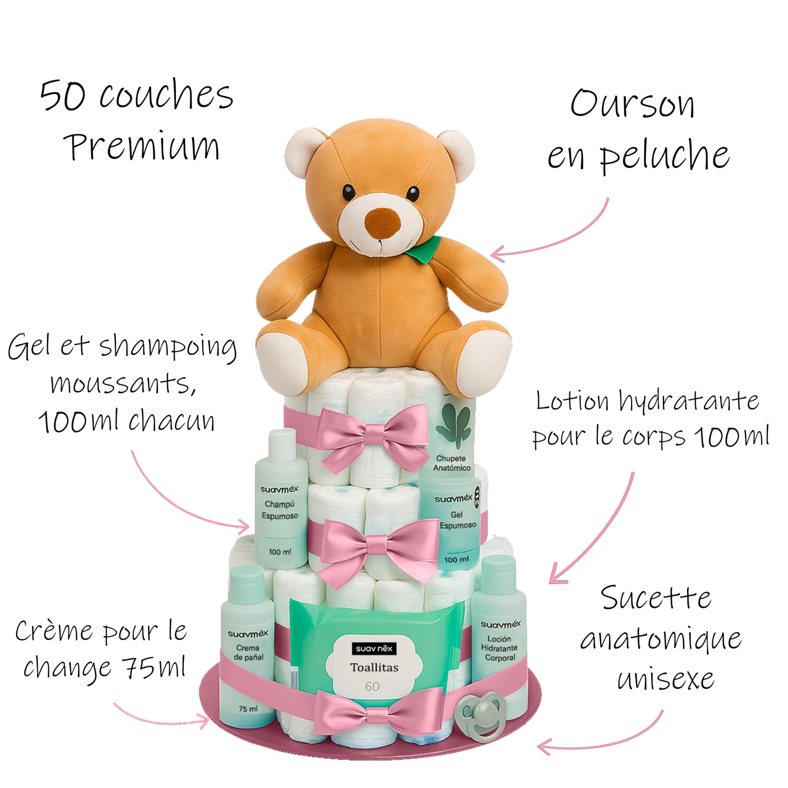 Gâteau de Couches Personnalisé Cadeau Naissance Bébé Fille Garçon Trousse Coffret Original Baby Shower Mixte Nouveau Né Fait Main avec Carte à Dédicace Idée Cadeau Original Kit Naissance Bébé Taille2