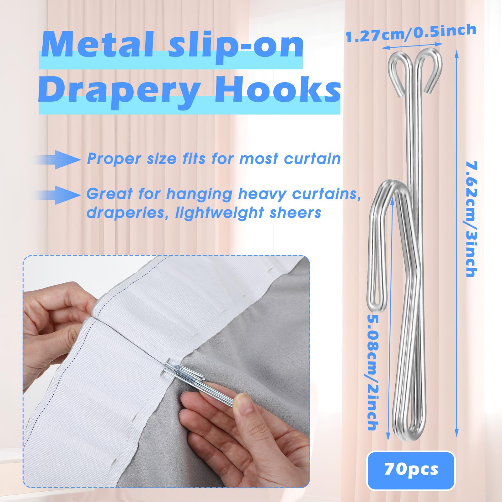 Slip on Drapery Hooks, Metal Curtain Hooks Stainless Steel Drapery Pins and Hook, Door Curtain Hangers for Window Curtain Door Curtain and Bathroom Curtain (Silver,70 Pieces)