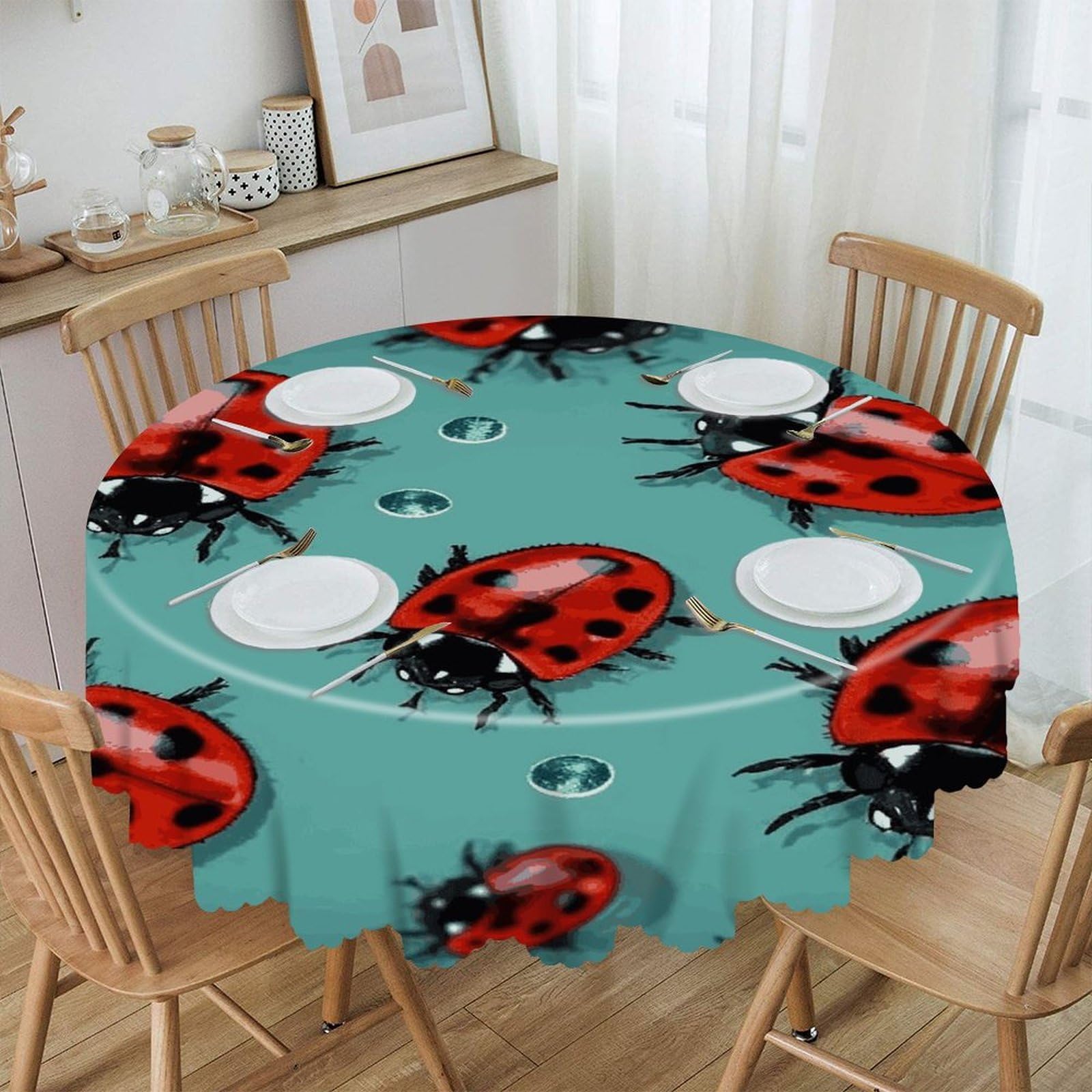 FekiLoot Red Ladybugs On A Blue Background Round Tablecloths 60 Inch Resistant Washable Polyester Table Cloth Style Decorative Circle Fabric Table Cover for Dining Kitchen Party Farmhouse Outdoor