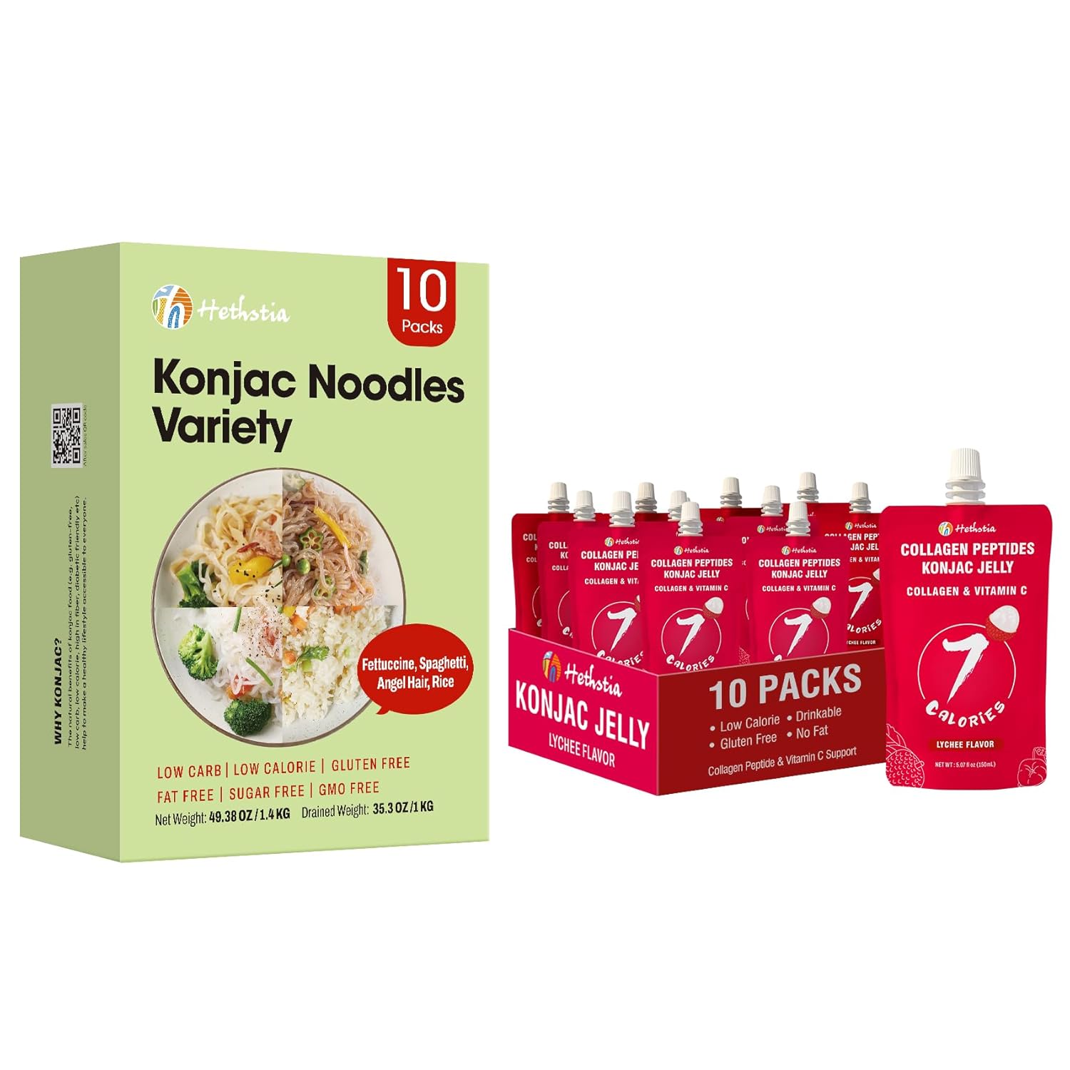 Hethstia Konjac Noodles, Konjac Jelly Pouch, 20 Packs, Gluten-Free, Sugar-Free, Low Calorie, Low Carb, Low GI, Keto, Ready-to-Eat Healthy Food Gifts