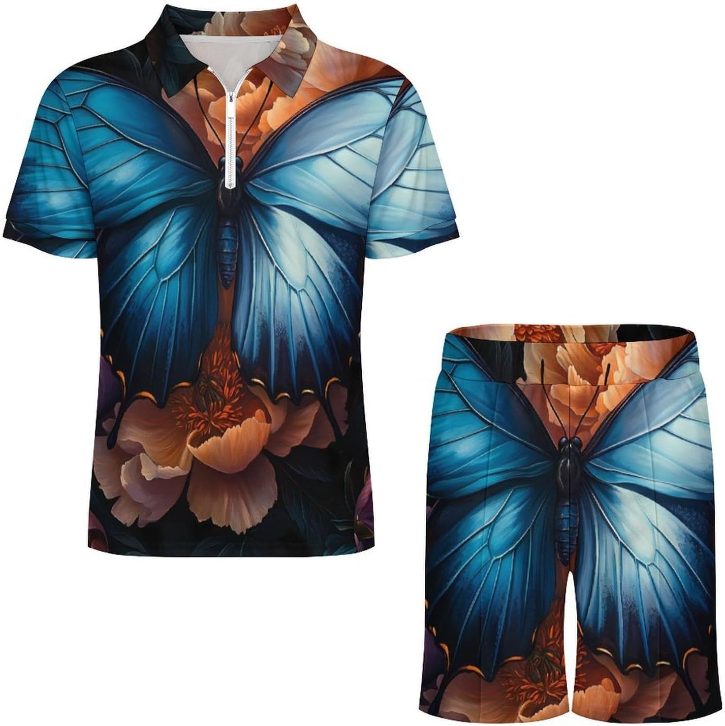 Blue Butterfly Peony Florals Mens Polo Shirts Track Suits 2 Piece Short Sleeve Sweatsuit 1/4 Zip Golf Loungewear for Sports