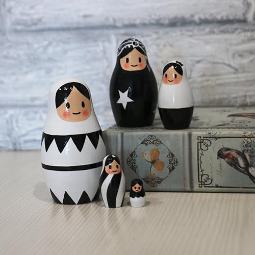 Miniatura 9 de AEVVV Muñecas rusas de anidación en blanco y negro - Juego de 5 piezas - Patrón gráfico moderno - Muñecas de madera ecológicas para decoración del