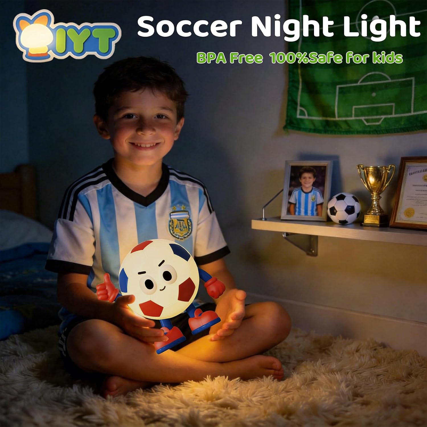 IYT Soccer Night Light for Kid,Silicone Football Lamp 2-Level Dimmable USB-C Rechargeable 15-60 Min Timer,RGB Gradient Color Light Up Portable Nursery Teens Decor Gifts for Sports Soccer Fan Gift
